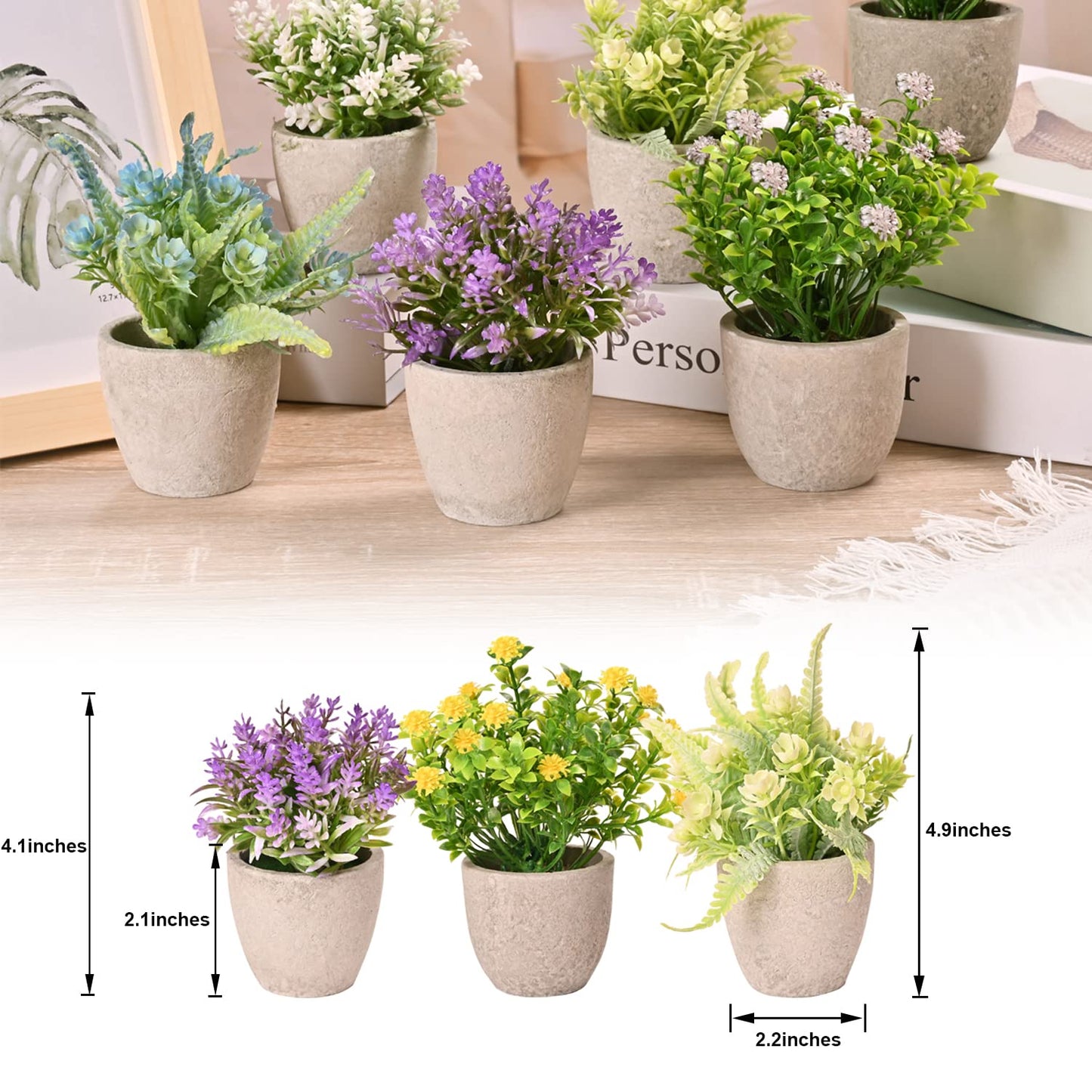 LUEUR Set of 6 Potted Artificial Flowers Arrangement, Fake Flowers with Vases Faux Flowers in Pot for Centerpiece Table Decorations Spring Decor for Home Office Desktop