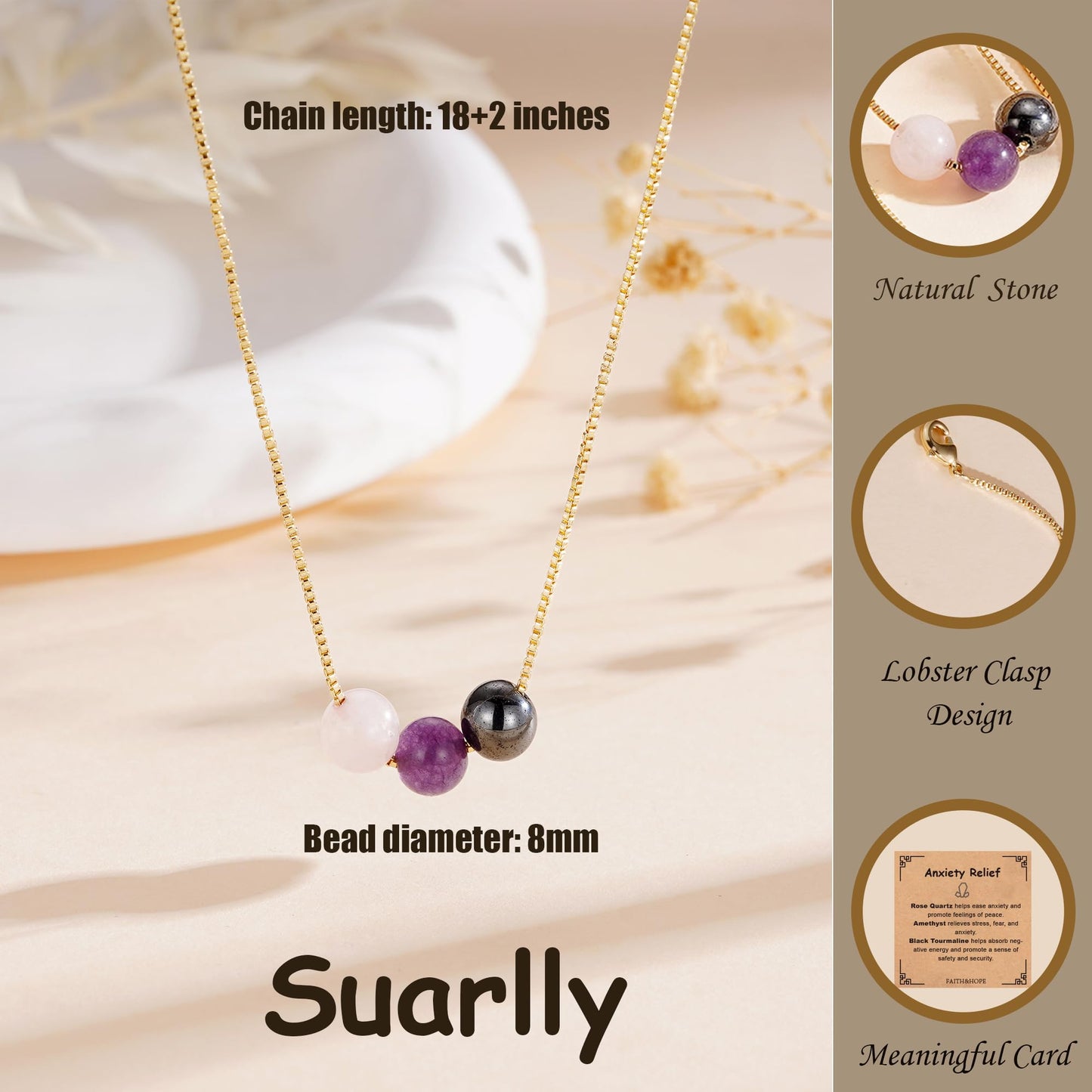 Suarlly Healing Crystal Necklace for Women 14k Plated Gold Beaded Necklace Anxiety Relief Empath Protection Amethyst Gifts for Friends Sister Mom Daughter Jewelry
