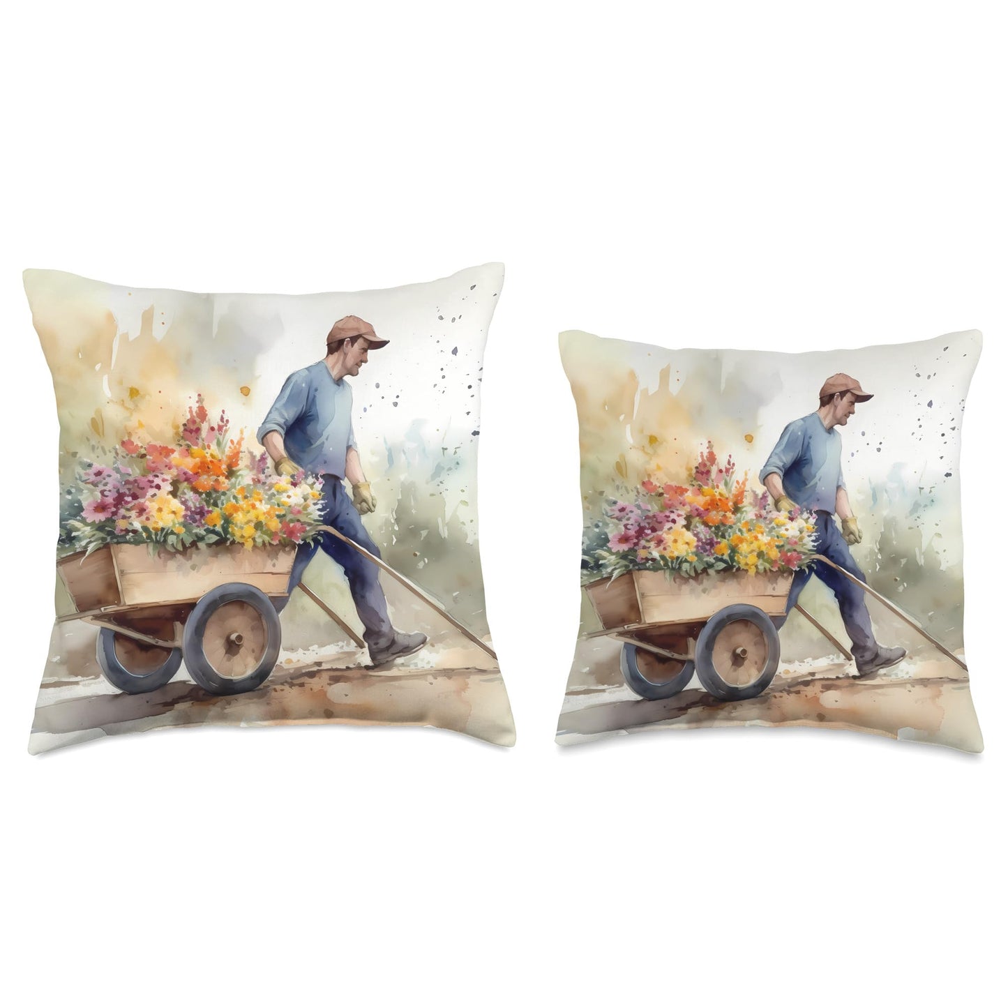 Gardener Transporting Flowers In Wheelbarrow Wheelbarrow of Flowers. Gardening, Planting Throw Pillow, 16x16, Multicolor