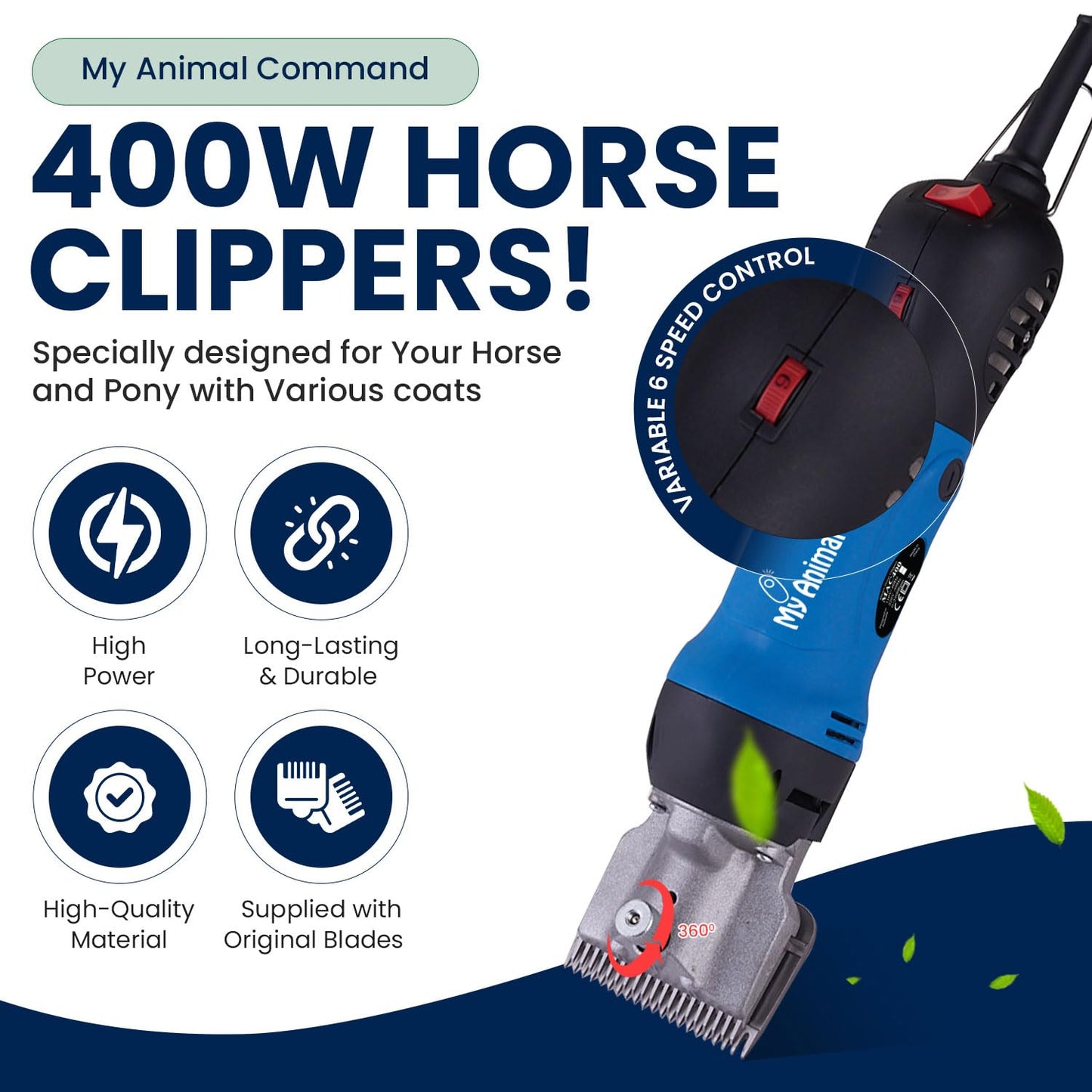 My Animal Command 110V 400W Heavy Duty Professional Horse Clippers Kit Animal Grooming 6 Speeds Shaving Thick Coats Fur Hair Ponies Equine Pigs Cattle Farm Livestock 2 Blades