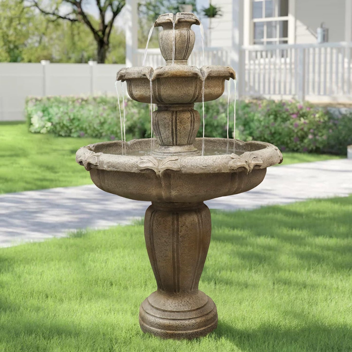 ourrco 48” H Outdoor Floor Water Fountain, 3-Tiers Concrete Water Fountain with Submersible Electric Pump - Garden Cascading Waterfall for Yard Patio Lawn Home Decor