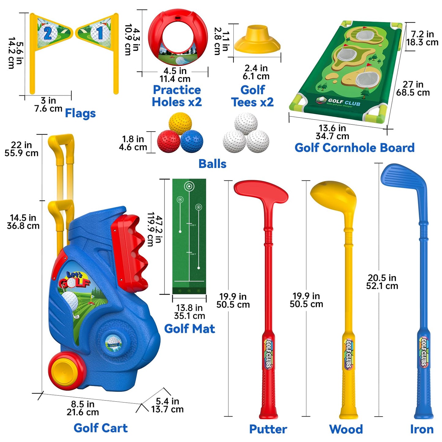 Liberry Toddler Golf Set for 2 3 4 5 Years Old Boys Girls, Upgraded Kids Golf Cart with Golf Cornhole Board & Putting Mat, Indoor and Outdoor Golf Toys Birthday Gifts
