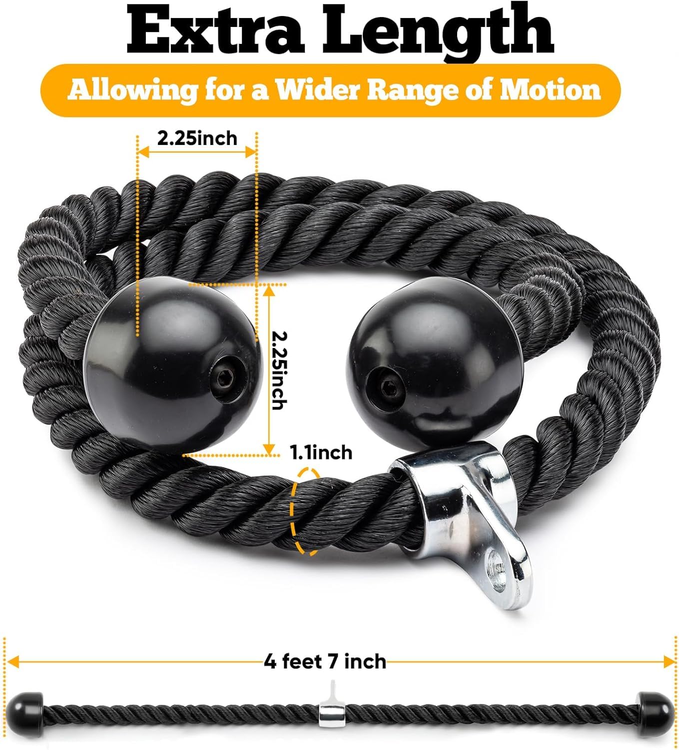 55 Inches Double Length Tricep Pull Down Rope - Heavy Duty Rope Attachment for Cable Machine, 360° Swivel Connector, Long Tricep Rope for Gym Home Commercial Workouts (4 Feet 7 Inch)