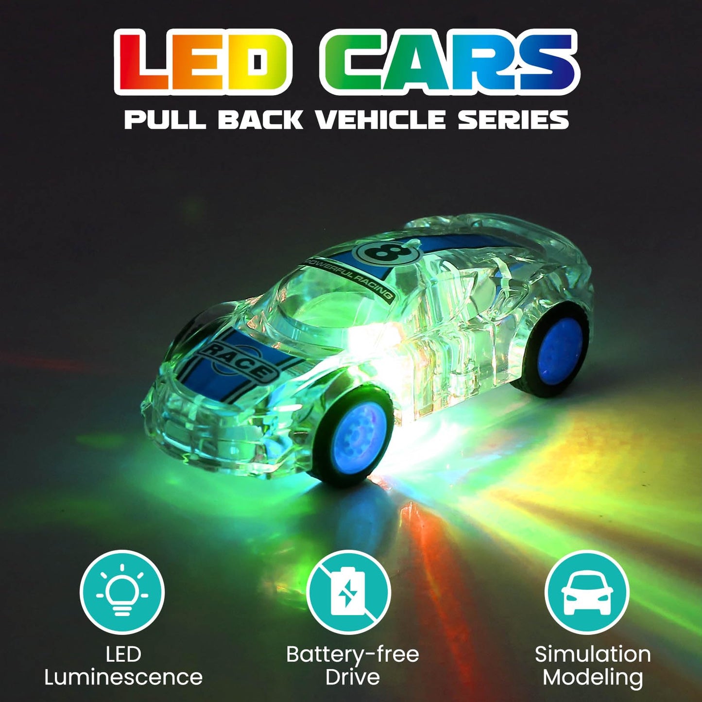 ZOHANINDL LED Light Up Pull Back Car Toys,Race Cars Toy (2 Pack),Car Body Glows-Batteries Included,Suitable for Toddlers 3 4 5 6 7 8 Year Old Kids for Boys and Girls Birthday Party Gift
