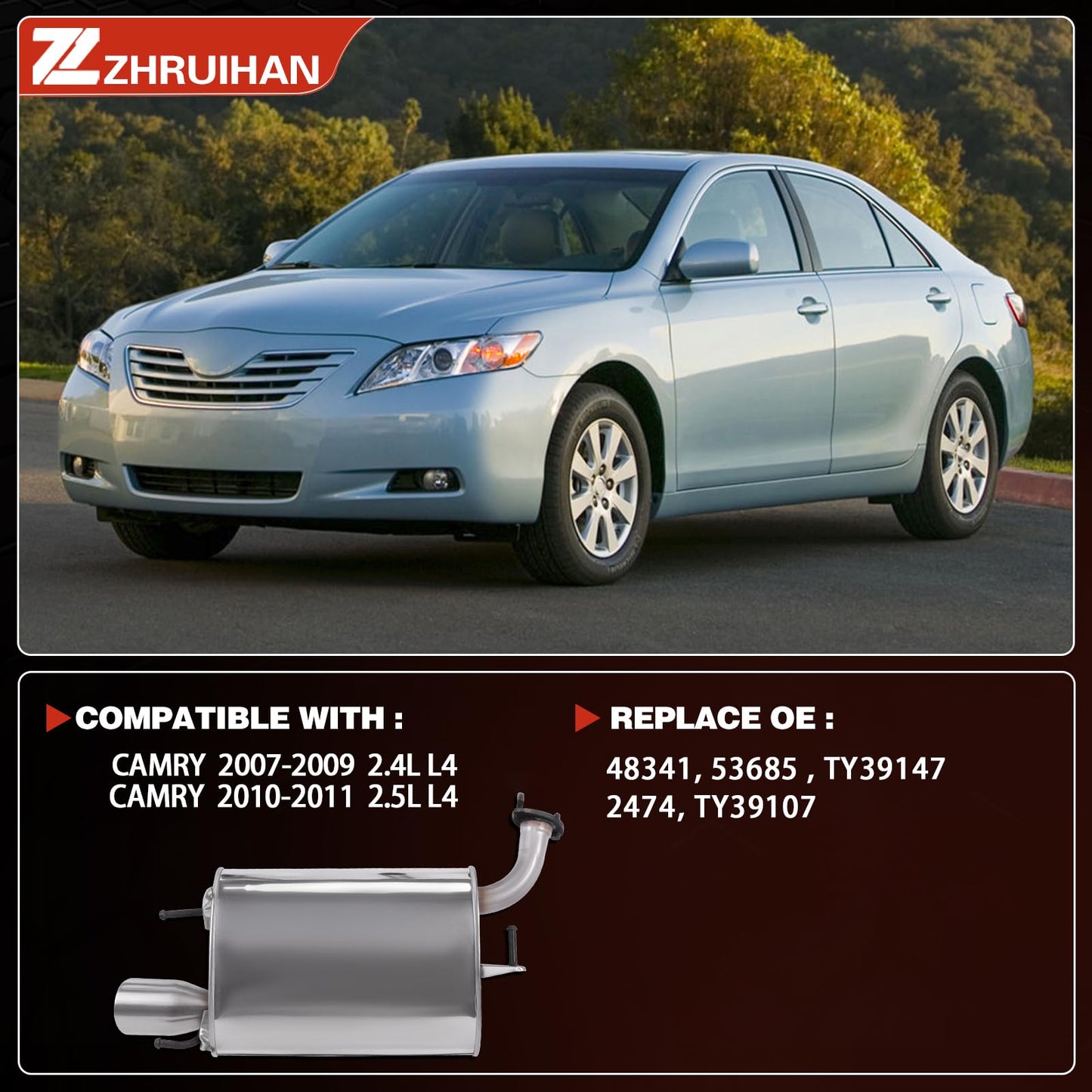 ZHRUIHAN Exhaust Resonator Muffler Pipe System Replacement kit Compatible with 2007 2008 2009 2010 Camry 2.4L,2010 2011 Camry 2.5L,Muffler and Tail Pipe,Repklace OE: 48341 53685