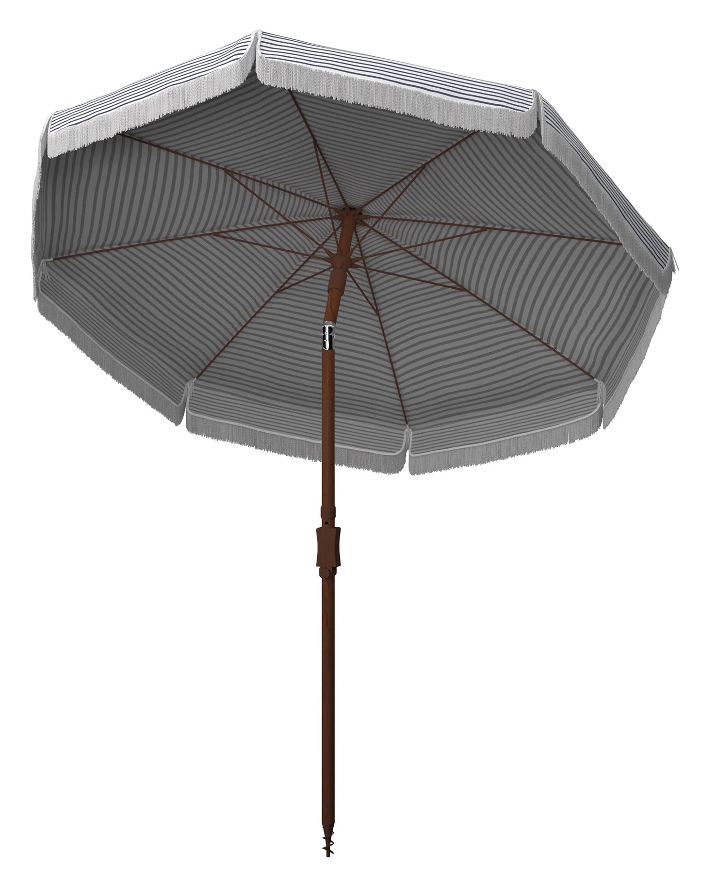 SAFAVIEH 6.5ft Outdoor Patio Umbrella, Round, Copen Collection, White & Navy Stripe, Fringe Trim, Button Tilt, UV Resistant for Deck, Backyard, Poolside (PAT8501B)