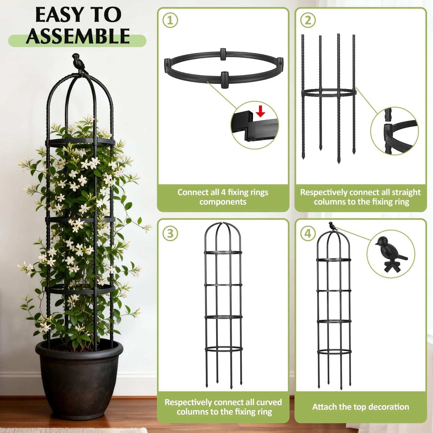 Garden Obelisk Trellis for Climbing Plants Outdoor, 6.2 FT Tomato Cage, Rose, Flowers, Grape, Pea, Cucumber Trellis, Rustproof Plastic Coated Metal Plant Support Trellis for Potted Plants (2 Pack)