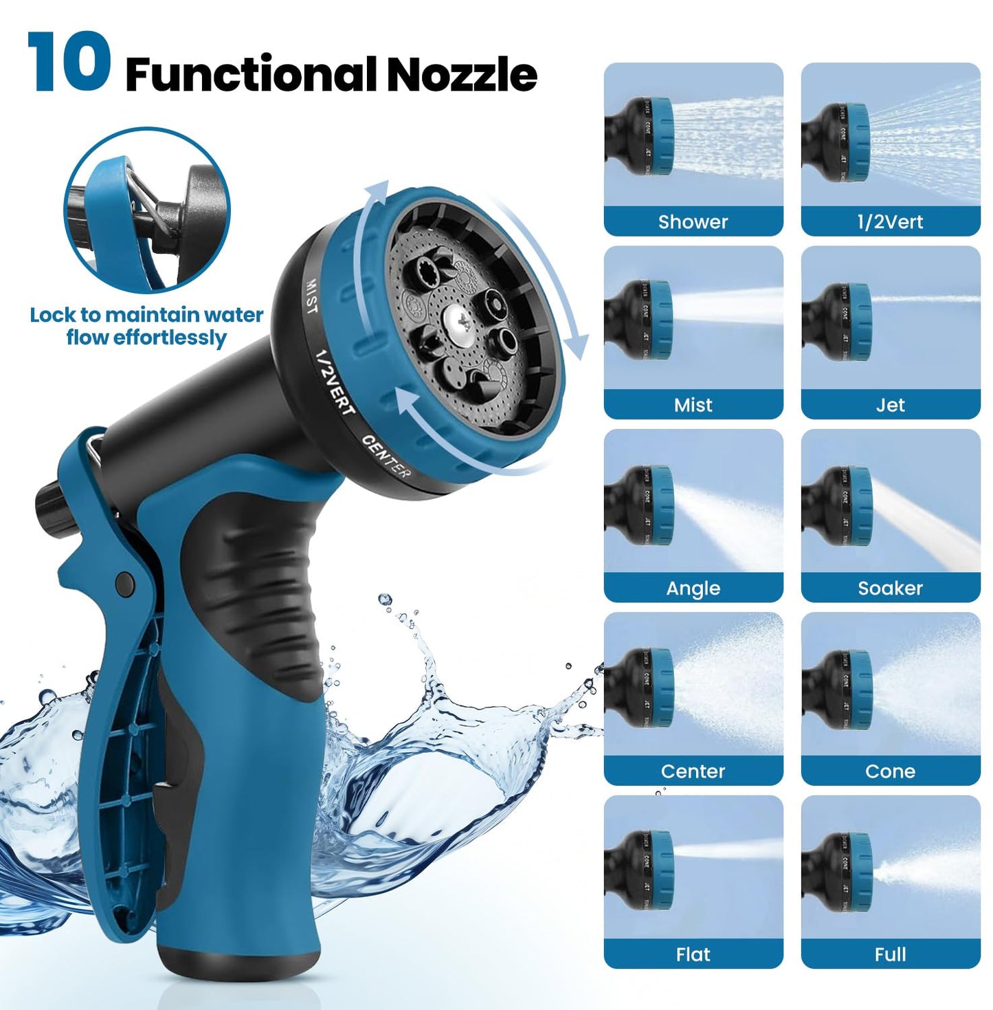 Garden Hose 50FT, Water Hose with 10 Function Nozzle, Garden Hose Metal with Leak-proof Connectors, Kink-Free & Ultra Flexible, Rust/Pet/Puncture Proof for Lawn, Yard, RV, Car Wash, 550PSI