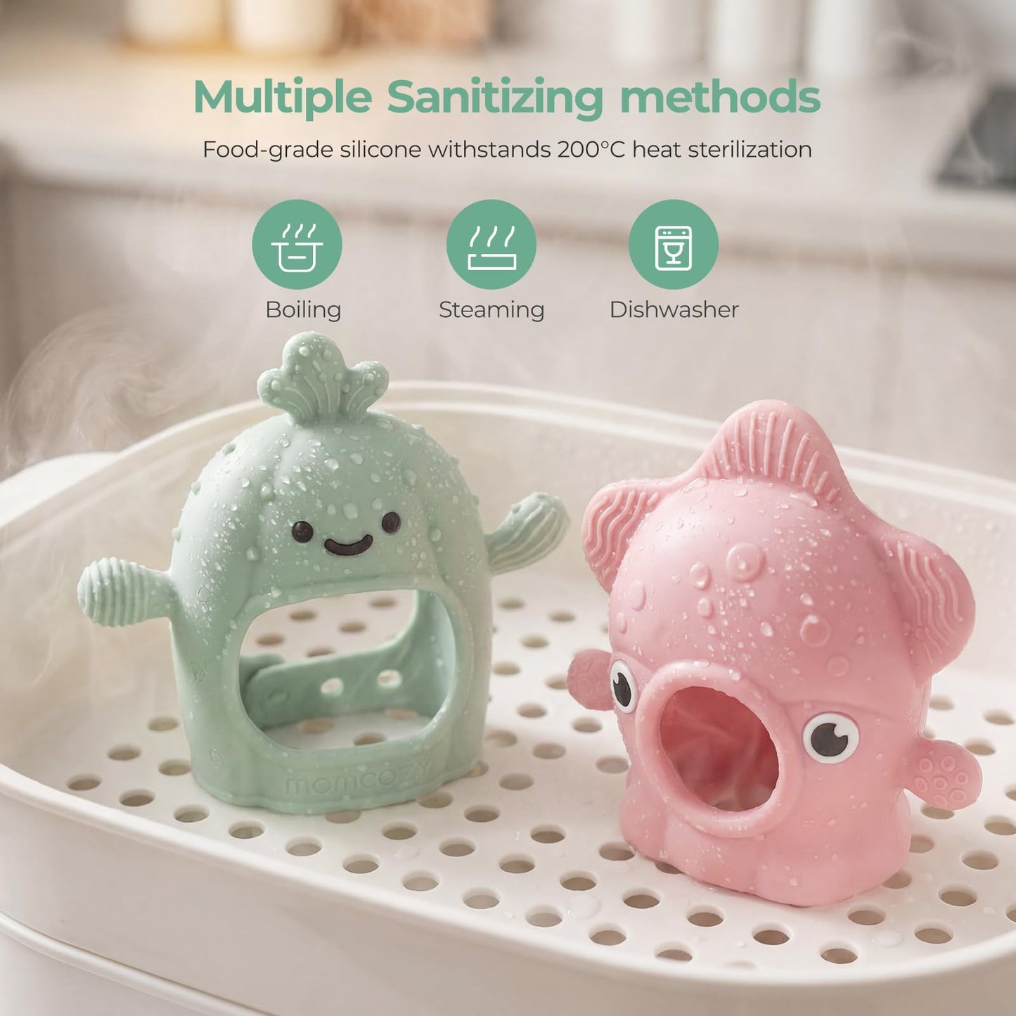 Momcozy 2 Pack Baby Teething Toys, Food Grade Silicone Baby Teether for 0-6 6-12 Months, Anti-Drop Wrist Mitten Set, Baby Essentials Teething Relief, 200°C Sterilizer Safe, Pink & Mint Green