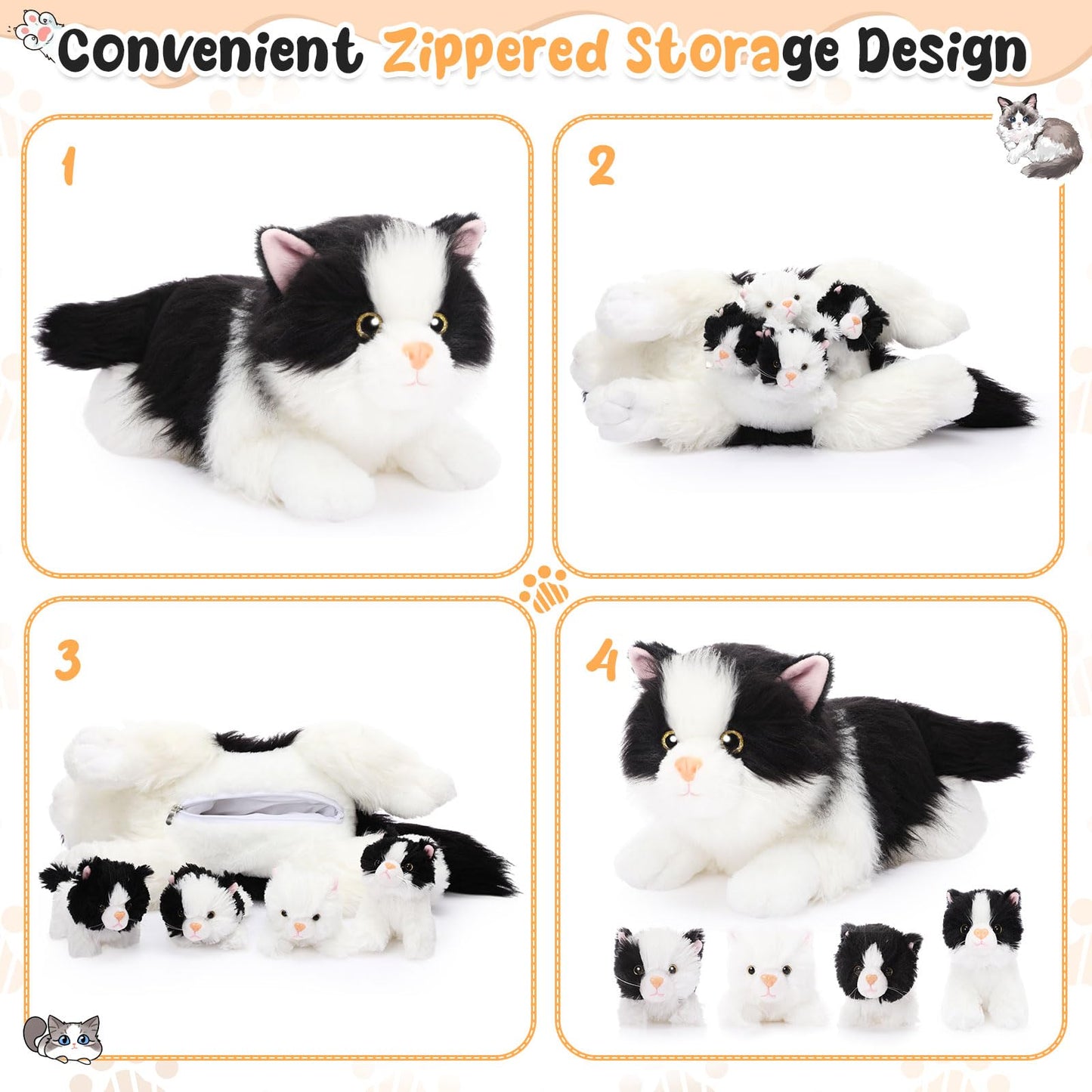 HyDren 5 Pcs Realistic Ragdoll Cat Stuffed Animal, 17.75 Inches Large Ragdoll Cat Mommy Plush with 4 Cute Babies Soft Plush Kittens Set for Girls Boys Birthday Party Favors(Black)