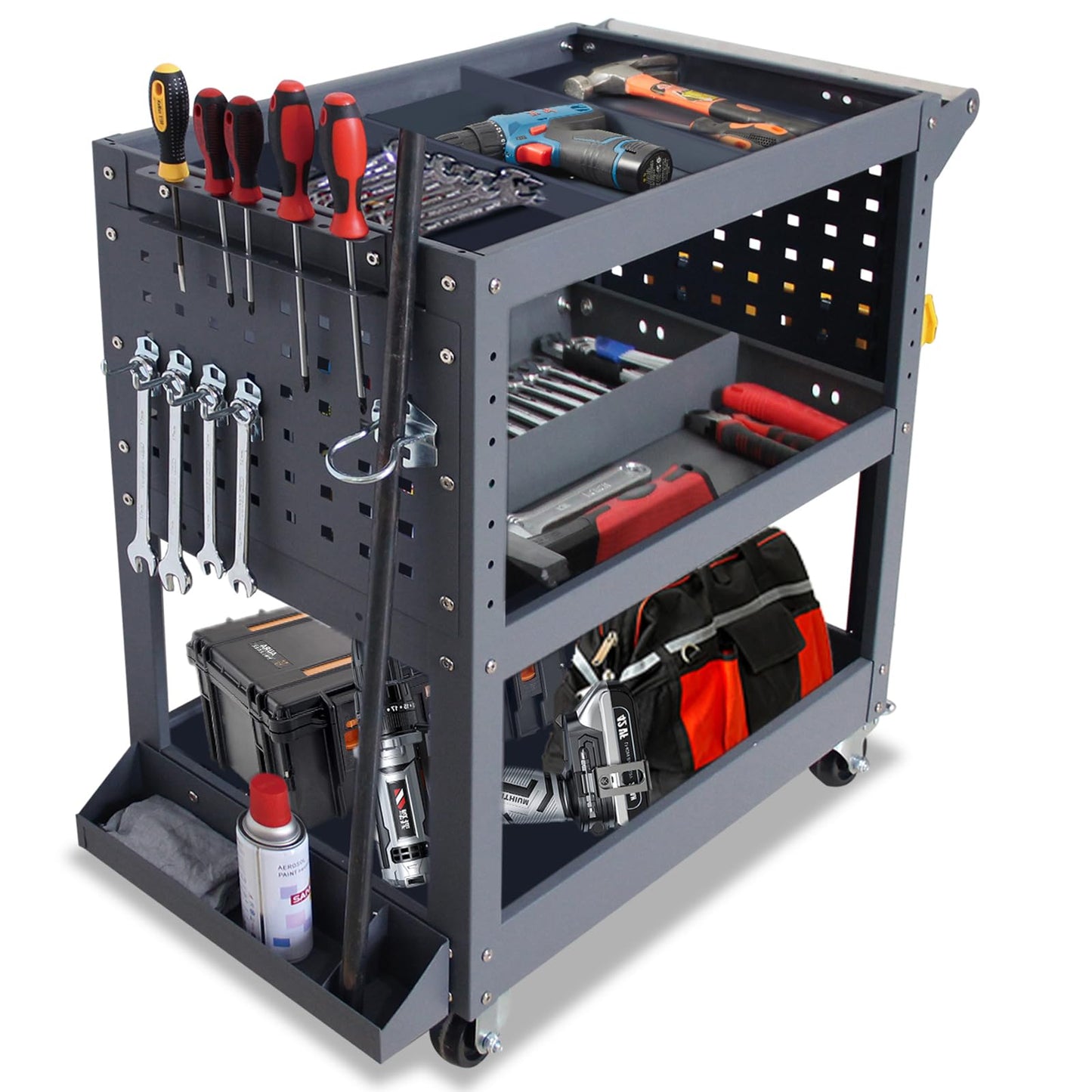 Mechanics Cart, 500 lbs Capacity, 31.5"x29"x15", Rolling Tool Cart with 4 Dividers, Mesh Panels & Hanging Tray for Garage & Jobsite