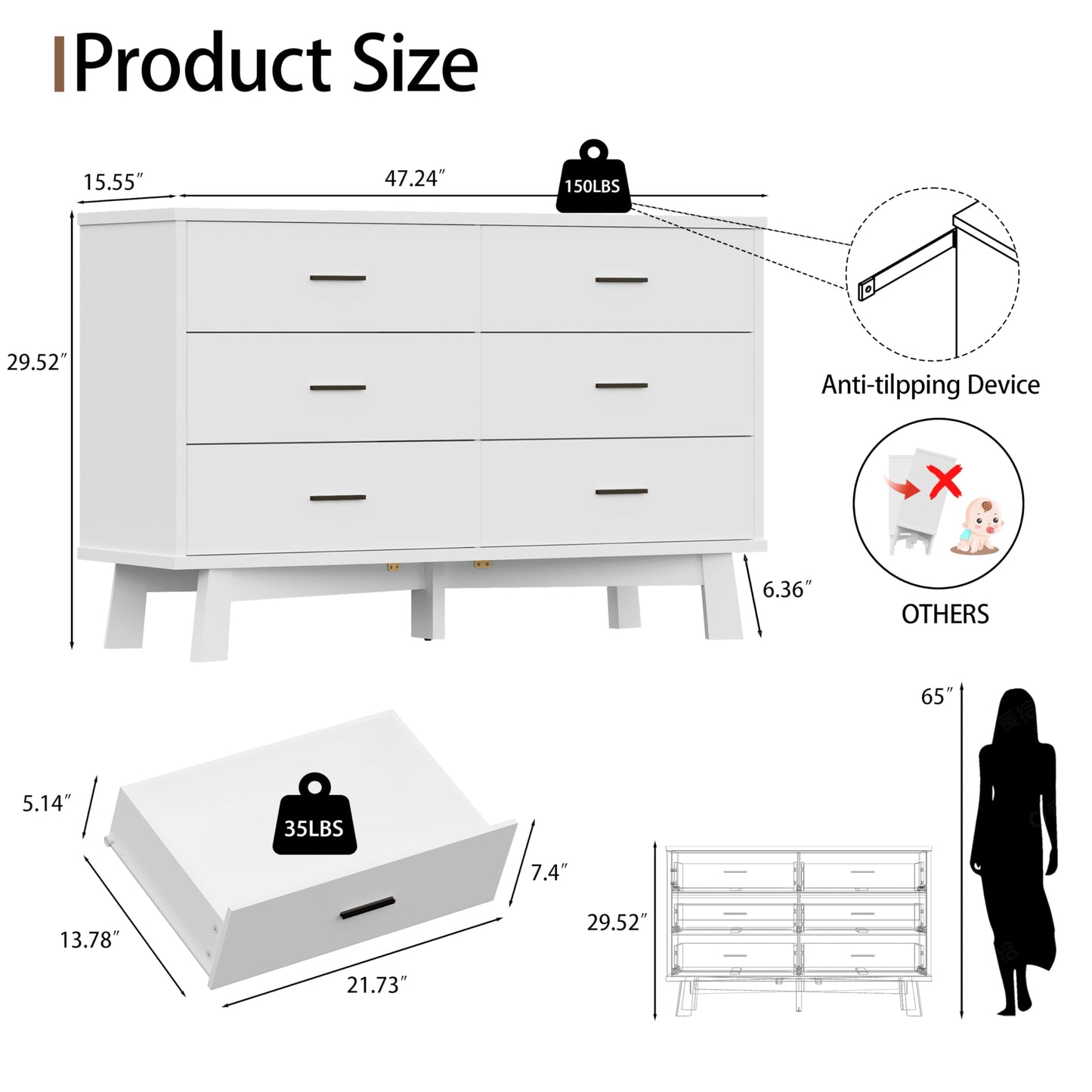 Xixini Dresser for Bedroom, 6 Drawer Wide Modern Chest of Drawers with X-Shaped Sturdy Base, Wood Double Dresser Closet Clothes Storage Organizer, Wooden TV Stand for Living Room, Hallway, White