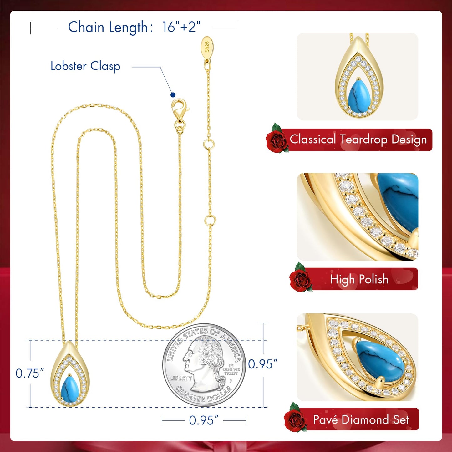 Kstyle 14k Gold Turquoise December Birthstone Pendant Necklaces for Women Valentine's Day Birthday Gift Anniversary Jewelry for Wife Daughter Grandma Mom Sister Non Tarnish