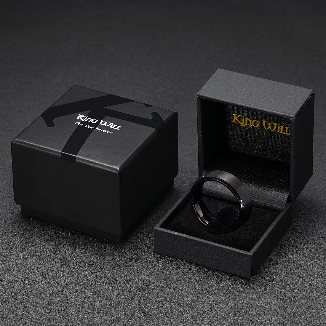 King Will 10mm Men's Black Wedding Ring - Brushed Matte Surface, Beveled Polished Edge, Comfort Fit Size 16