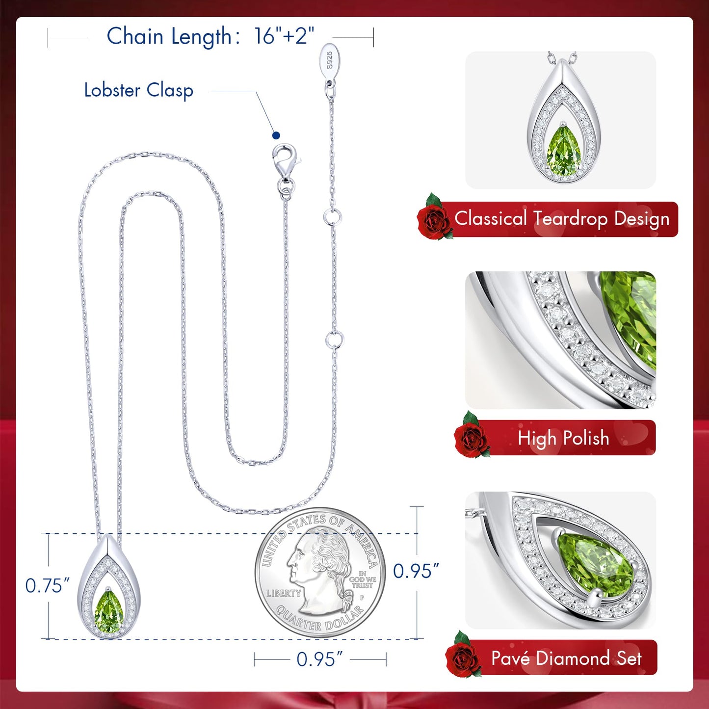 Kstyle 925 Sterling Silver Peridot August Birthstone Pendant Necklace Teardrop Jewelry Valentine's Day Anniversary Birthday Gift for Wife Girlfriend Daughter Sister Non Tarnish
