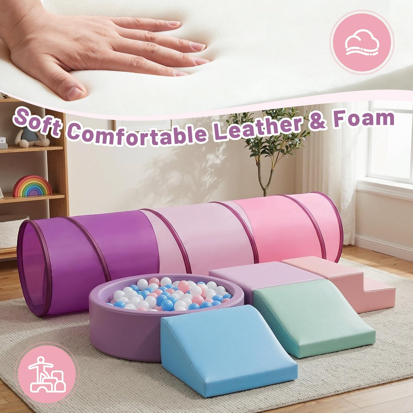 Hoohtoot Foam Climbing Toy for Toddler:with 4-Piece PU Leather Climbing Blocks, a Baby Ball Pit and Play Tunnel - Climb and Crawl Soft Play Set - Kids Crawling Obstacle Course Indoor Jungle Gym
