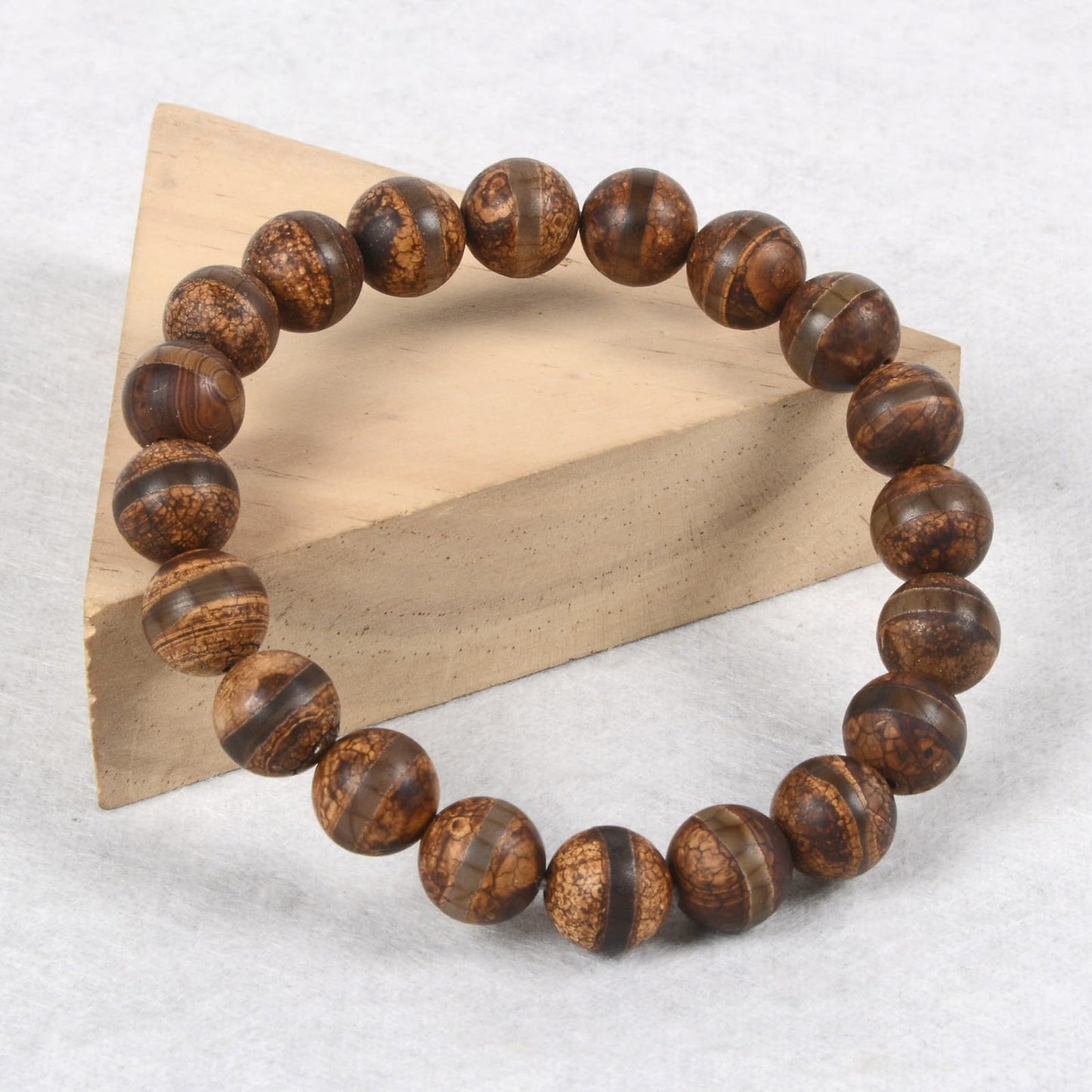 Justinstones Matte Green Brown Tibetan Agate Dzi Stripe Gemstone 10mm Round Beads Stretch Bracelet 7 Inch Unisex