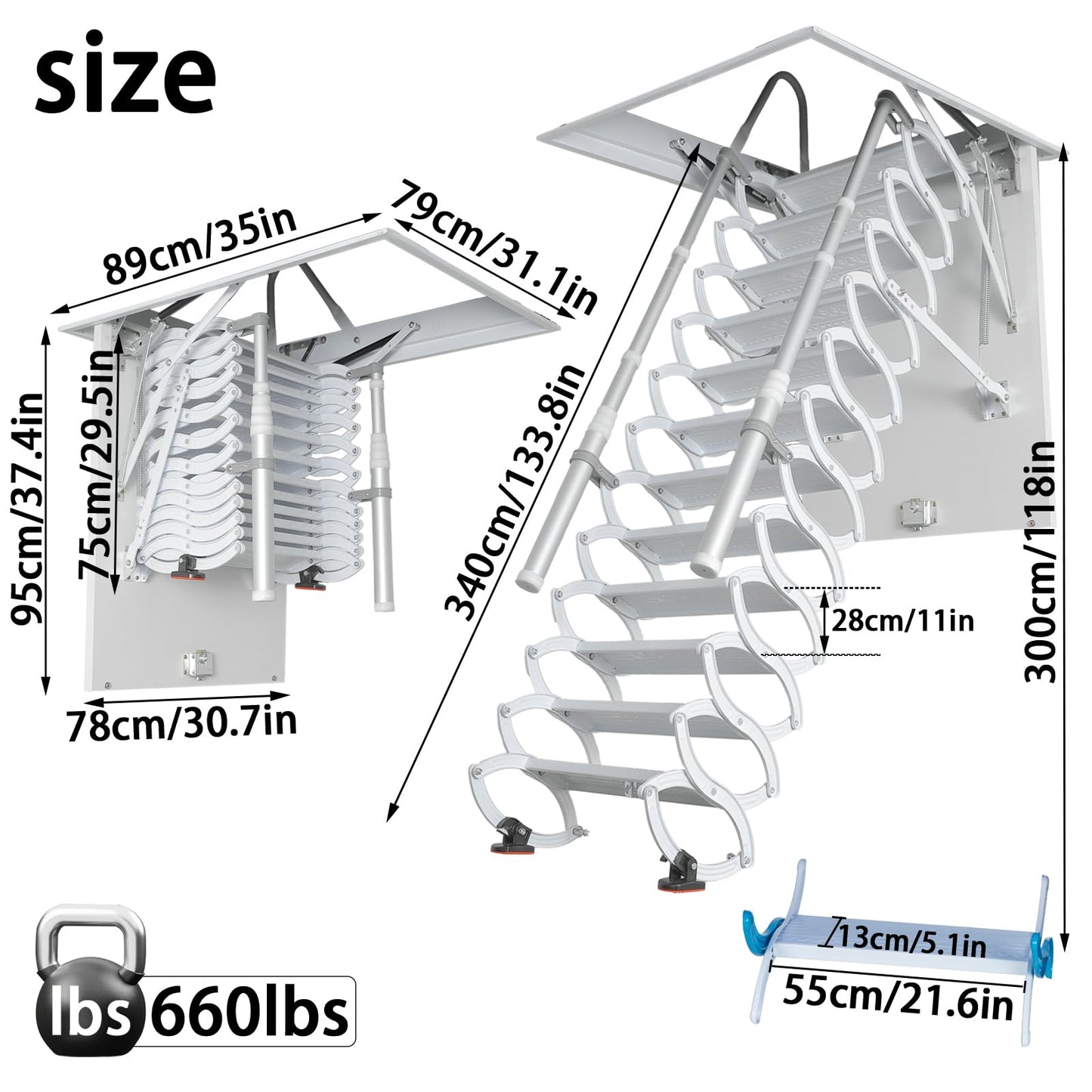 Ceiling Mount Attic Ladder, Retractable Attic Ladder Ceiling Pull Down System, 12 Steps Folding Loft Step with Armrests, Hidden Mount Attic Extension Stairs for Garage(White, Step 12)