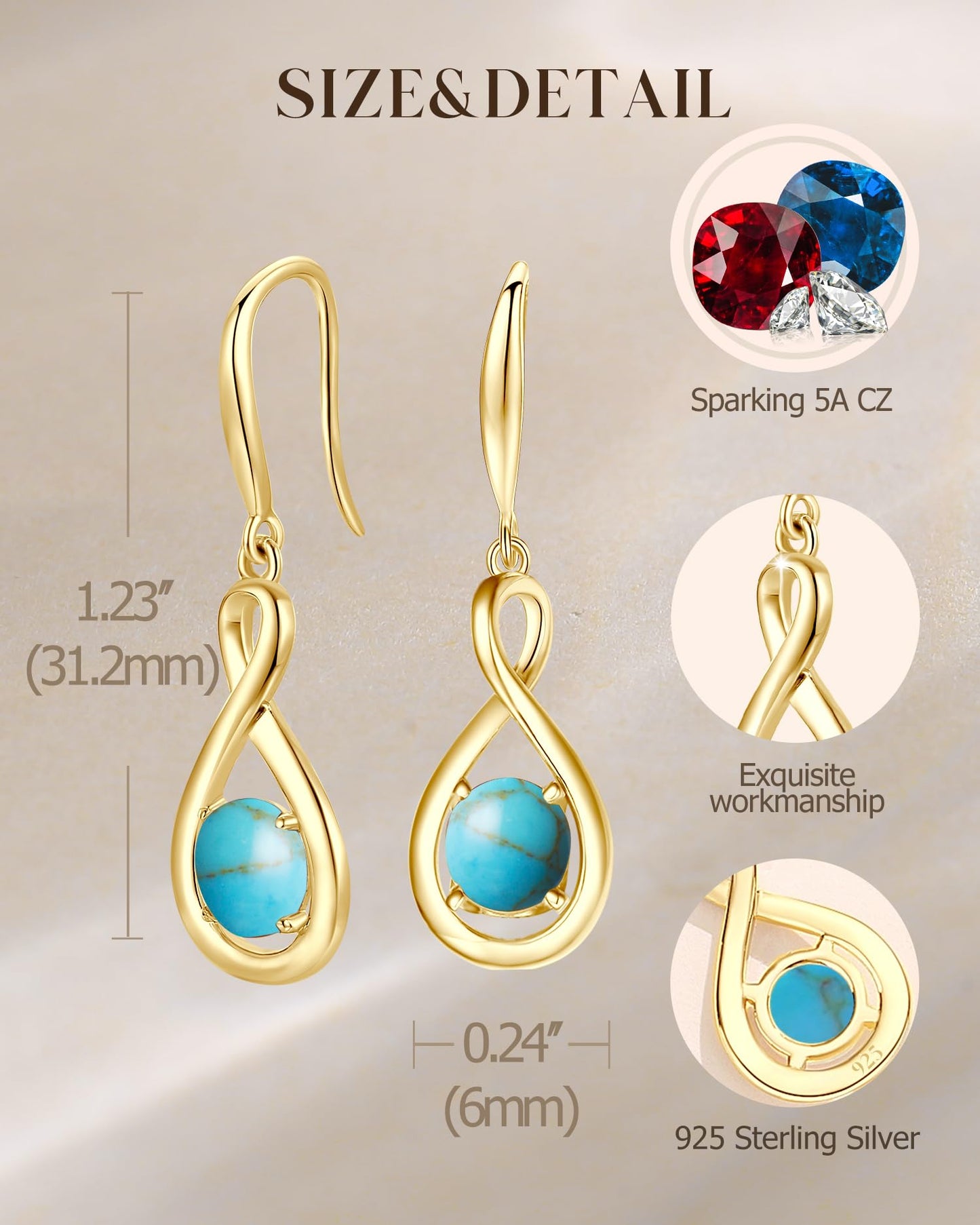 FANCIME Turquoise Dangle Drop Earrings 925 Sterling Silver Yellow Gold Plated Dainty Infinity December Birthstone Earring Fine Jewelry Birthday Mothers Day Gifts for Women Her