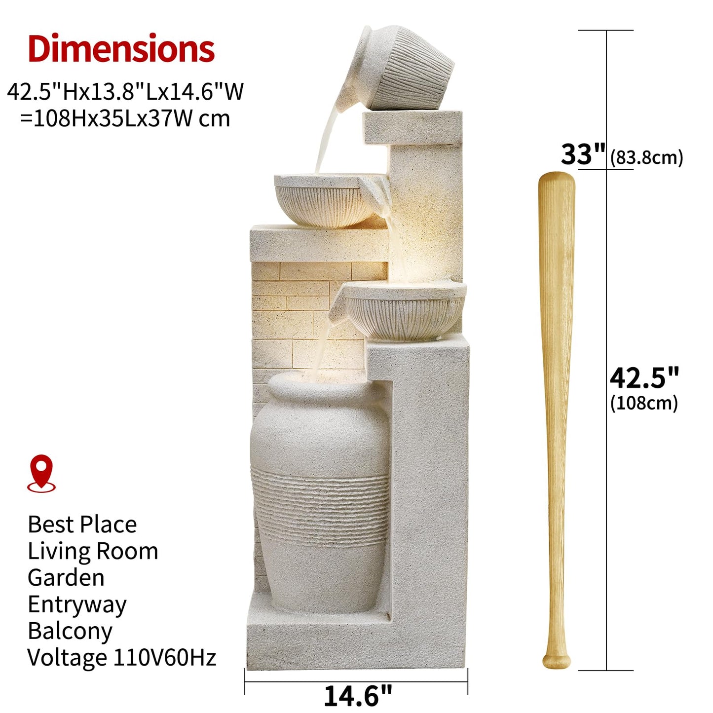 42.52" Outdoor Garden Water Fountain with Lights 4 Tiers Cascading Large Waterfall Floor Standing Fountain for Patio, Backyard, Deck, Porch and Home Art Decor