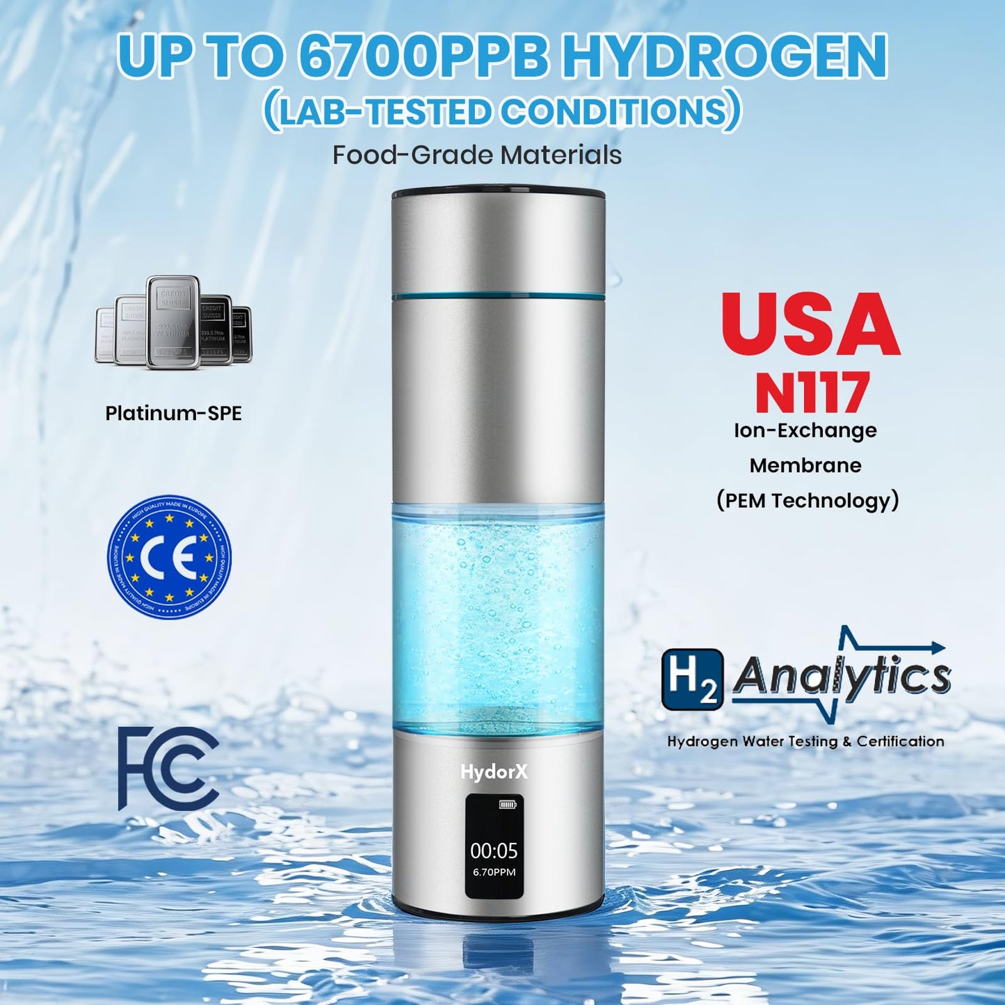 HydorX Hydrogen Water Bottle Portable Hydrogen Generator 6700ppb High Concentration Medical Grade 8.3oz USA Brand N117 SPE Platinum PEM Technology Hydrogen Bottle 100% Leaking Poof