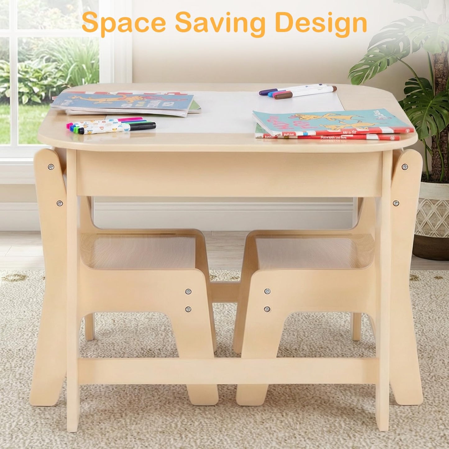INFANS Kids Table and Chair Set, 3 in 1 Wooden Activity Table with Removable Tabletop, Blackboard and Whiteboard for Toddlers Arts Crafts Drawing Reading Playing, Playroom Nursery (Natural)