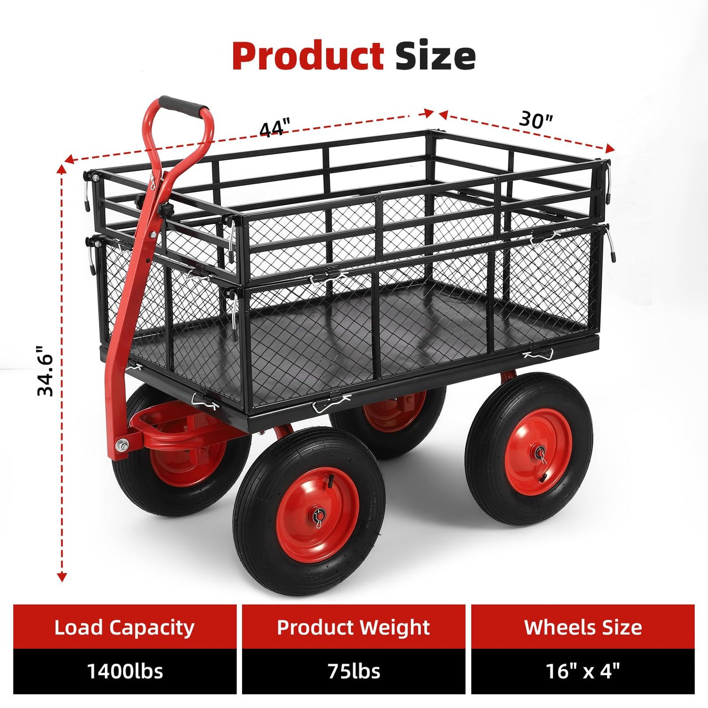 1400 lbs Steel Garden Cart, Heavy Duty Metal Yard Utility Wagon with Removable Mesh Sides, 2-in-1 180° Rotating Handle and 16 inch Wheels, Steel Utility Wagon Perfect for Garden, Farm, Yard