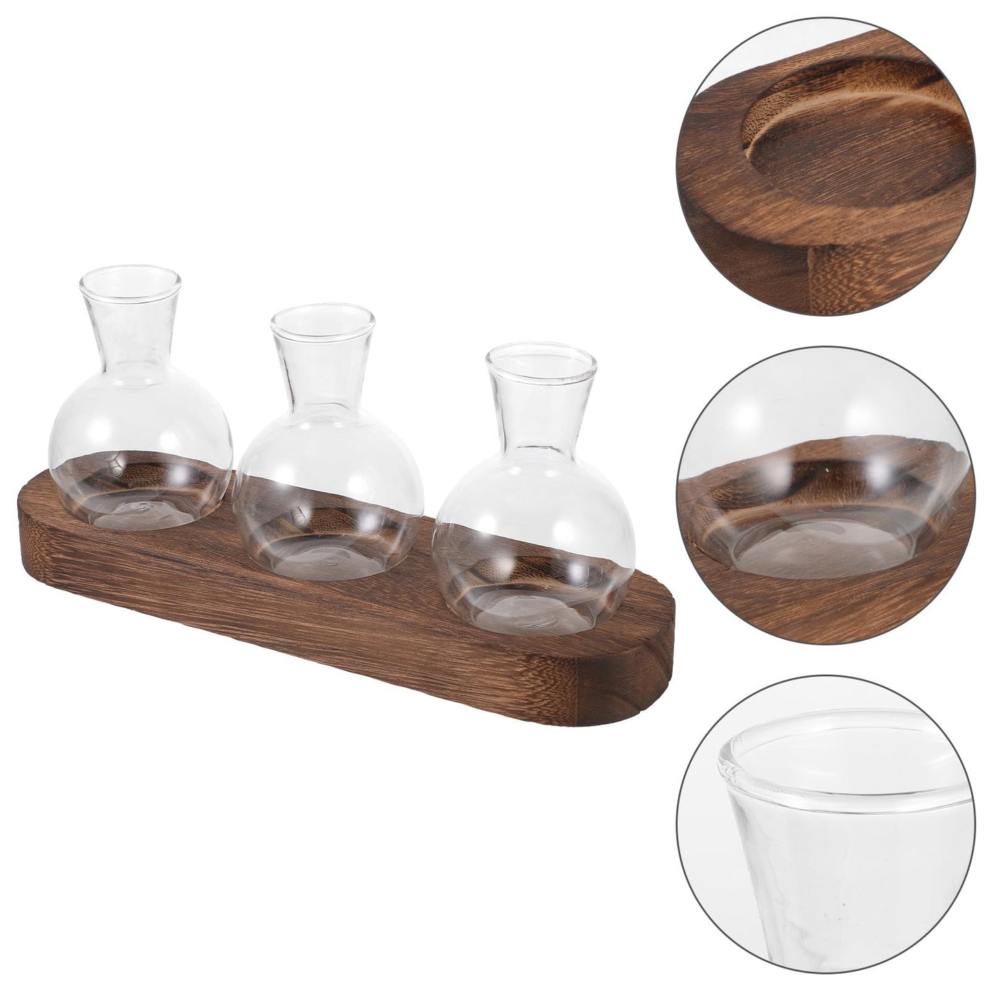 LALAFINA Glass Hyacinth Vase with Wooden Base, Hydroponic Table Glass Flower Container for Office and Living Room Decoration, 3pcs Set Terrarium for Indoor Plants