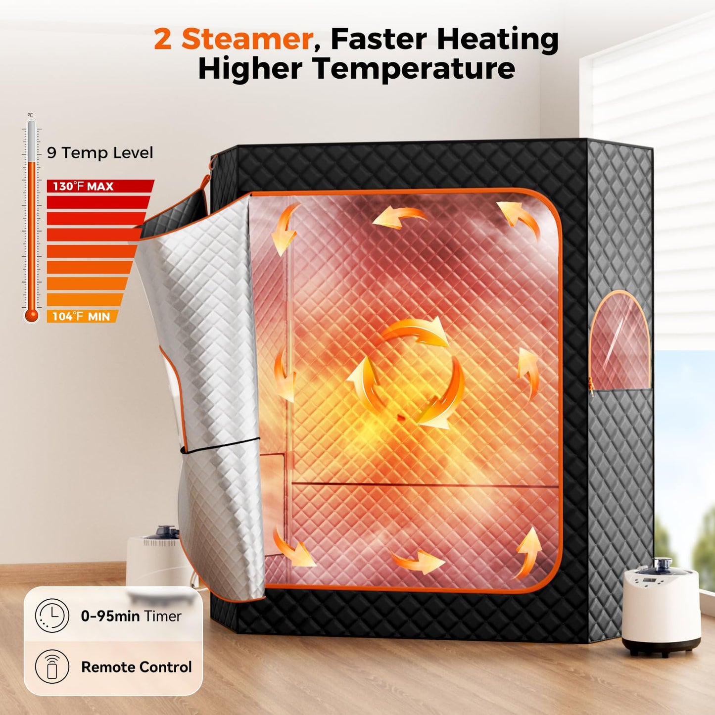 Binecer Portable Sauna Box, 2 Person Portable Steam Sauna for Home, Large Sauna Tent with 2 Steamer, Folding Chair for Relaxation-Black