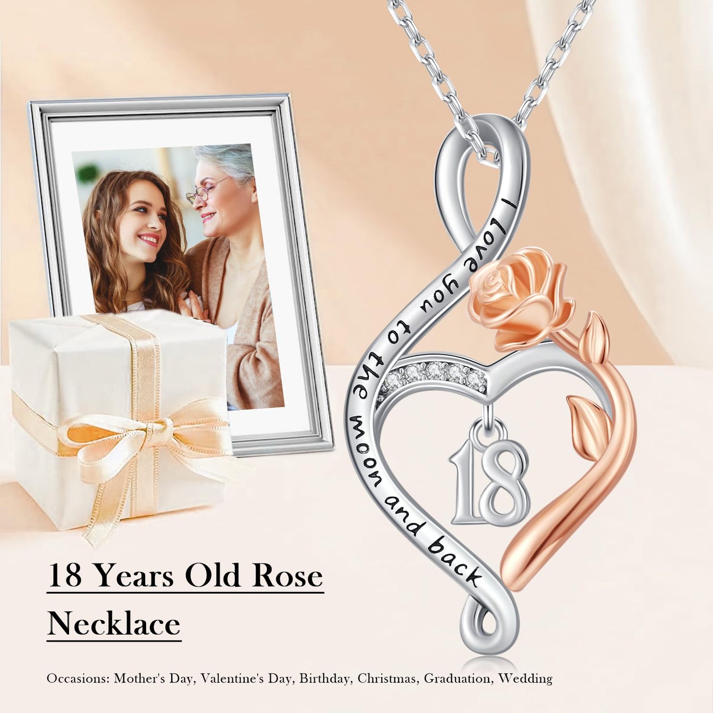 KoyeKei 18th Birthday Gifts for Daughter 18 Year Old Necklace 925 Sterling Silver Rose Flower Heart Infinity Pendant Jewelry Christmas Birthday Gift for Women Granddaughter