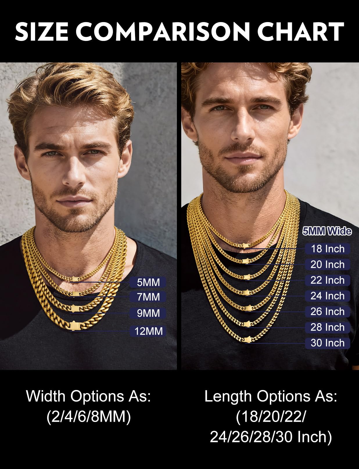 Bandmax Men Chain Necklaces 24 Inch 14K Gold Plated Miami Cuban Link Chain 5MM Wide Cubanas Cadenas Hombres Mens Stainless Steel Jewelry Gift for Men
