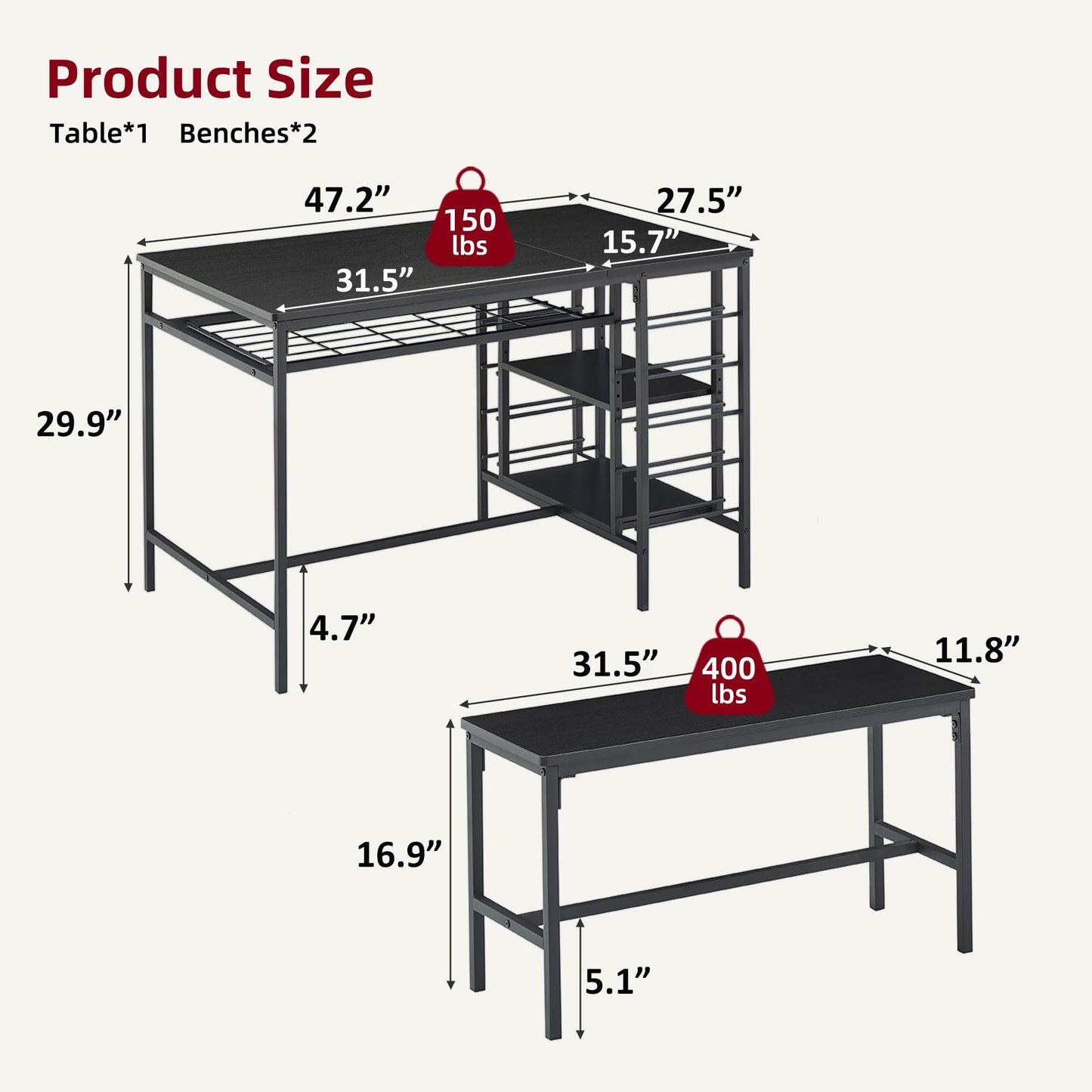 IDEALHOUSE Dining Table Set for 4, Kitchen Table Set for 4 with 2 Benches, Rectangular Dining Room Table Set with Wine Rack, 3 Piece Dining Table Set for Small Space Apartment, Black