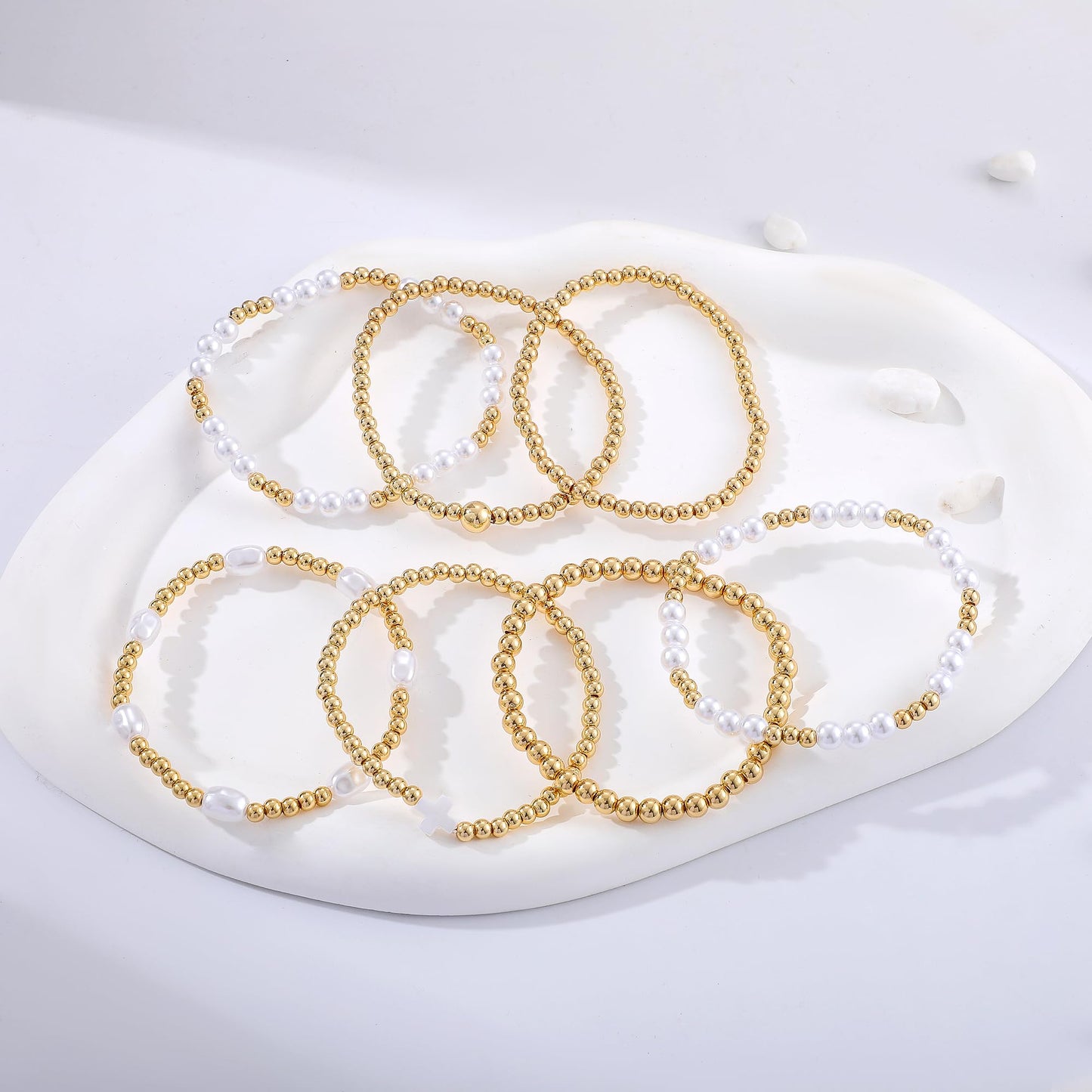 Sajidos Gold Plated Beaded Bracelets for Women Trendy, 14K Gold Plated Stack Cross Pearl Gold Plated Bead Stretch Bracelets Set Elastic Hypoallergenic Bracelets Jewelry Gifts (style19-3)