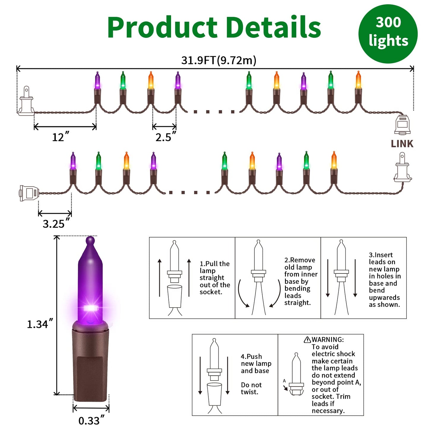 LAMPHOME Halloween String Lights - Orange Purple Green Mini Lights, 150count 31.9ft Halloween Lighting Decor for Outdoor&Indoor Use, Fairy Garden, Yard, Home, Party, Holiday Decoration