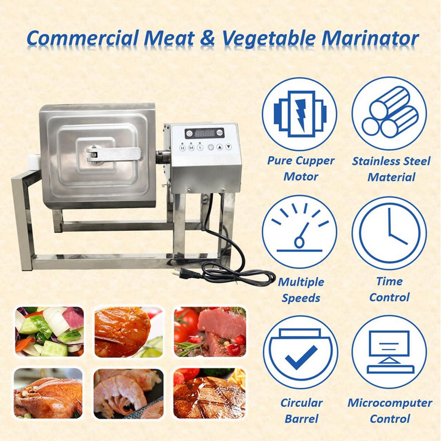INTBUYING Electric Meat Vegetable Tumbler Marinator with Vacuum Pump Meat Tumbler 360°Rotation with Timer 110V 40W for Shop Restaurant Cafeteria