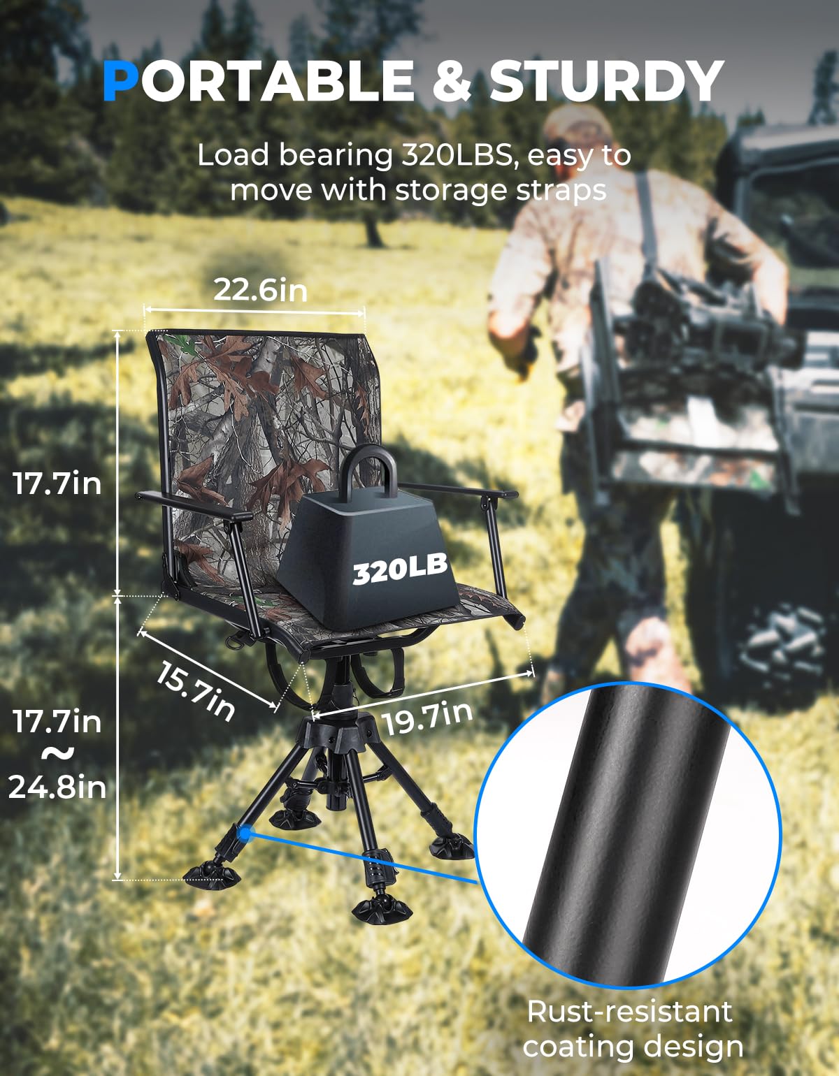 KEMIMOTO 360 Degree Silent Swivel Blind Hunting Chair, 320 Lbs Camo Height Adjustable Quick Folding Portable Comfortable Hunting Deer Fishing Ground Chair
