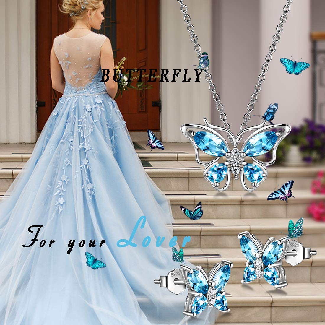 Hipunk Butterfly Blue Jewelry Sets Birthstone Women 925 Sterling Silver March-Auqamarine Birth Stone Animal Butterflies Jewelry Sets/Earring Set Crystal Birthday Jewelry SS0001M