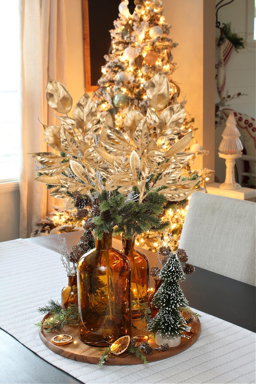5 Pcs Fake Leaves Plants for Christmas Decor 20 Inch Metallic Gold Artificial Magnolia and Bay Leaves Faux Tropical Leaves with Stems for Holiday Party Decor Christmas Mantle Garland Wreath - Gold