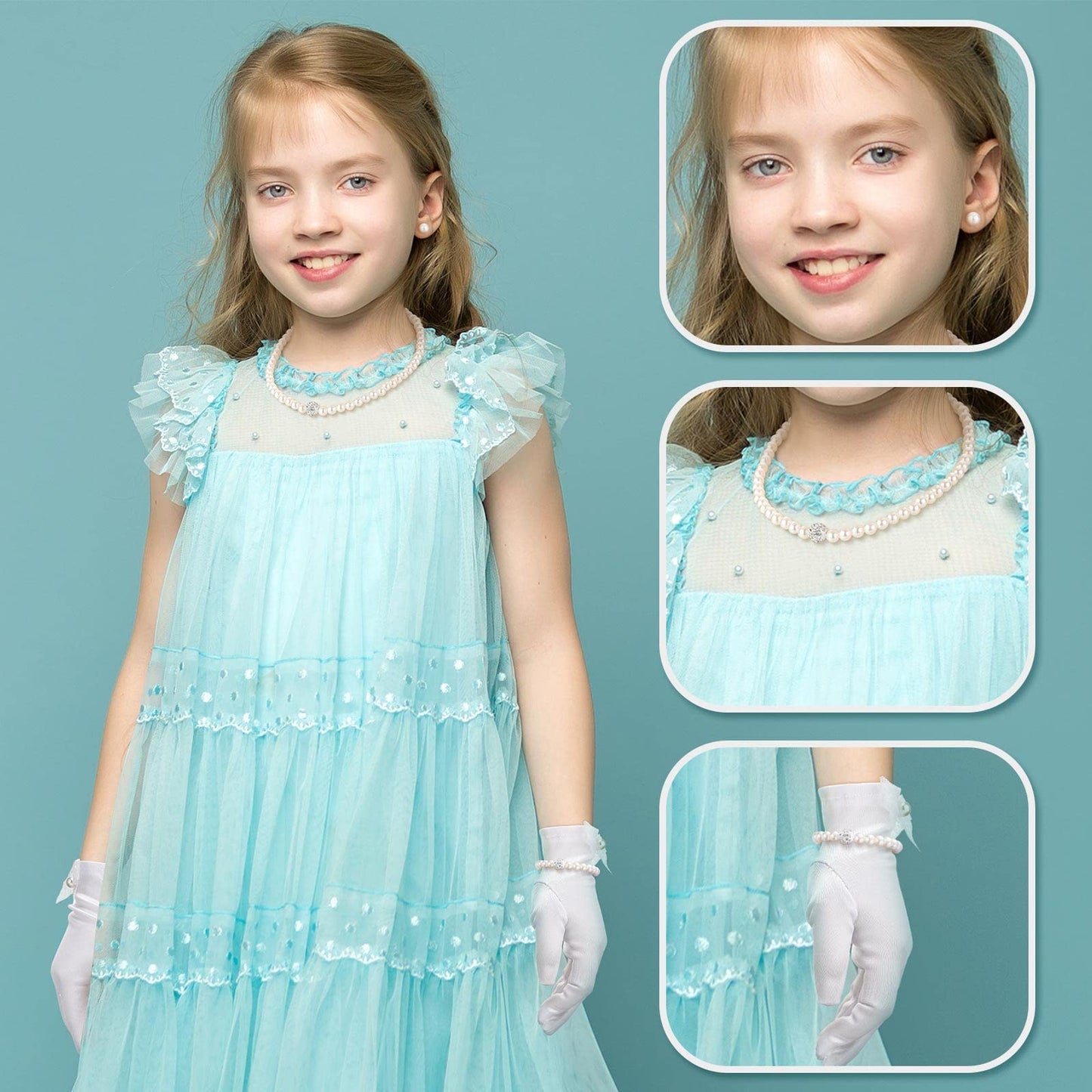 Geyoga 4 Pcs Pearl Necklace Set for Little Girls Toddler Girls Jewelry Communion Gloves for Kids Christmas Tea Party Wedding(Modern Style,8-12 Years)