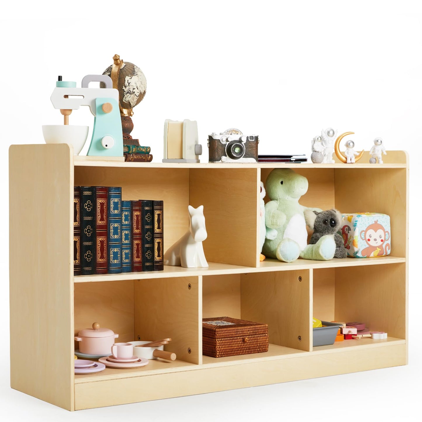 PTINFLUCE Montessori Shelf, Wooden Toy Storage Organizer for Books Toys, 2 Shelf Bookcase, 5-Section Storage Cabinet, Toddler Book Shelf for Kids Rooms, Playroom, Nursery, Kindergarten (Natural)
