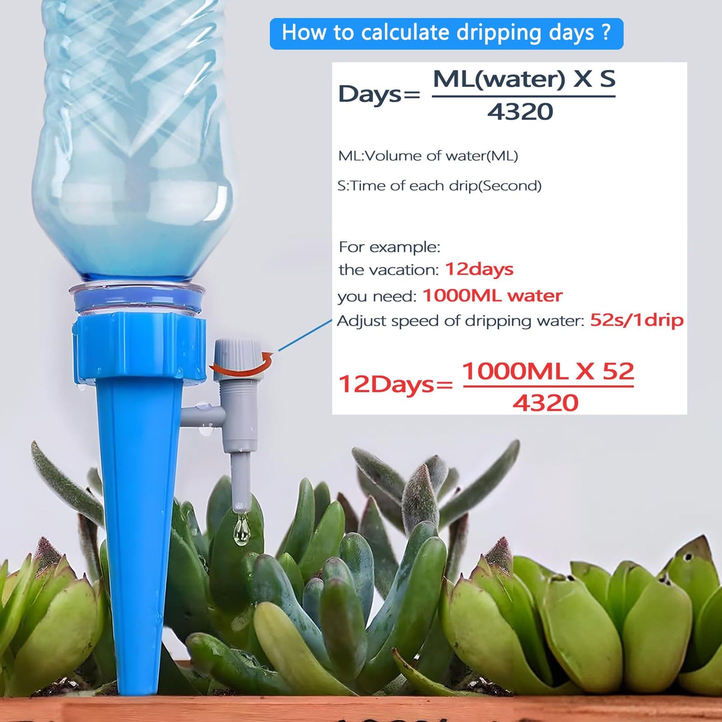 Self Watering Spikes 24 Pack for Indoor/Outdoor Plants,Self Watering Planter Insert with Adjustable Drip Valve,Auto Vacation Plant Watering Devices,Plants Water System,Self-Watering Stakes (GB24Pcs)