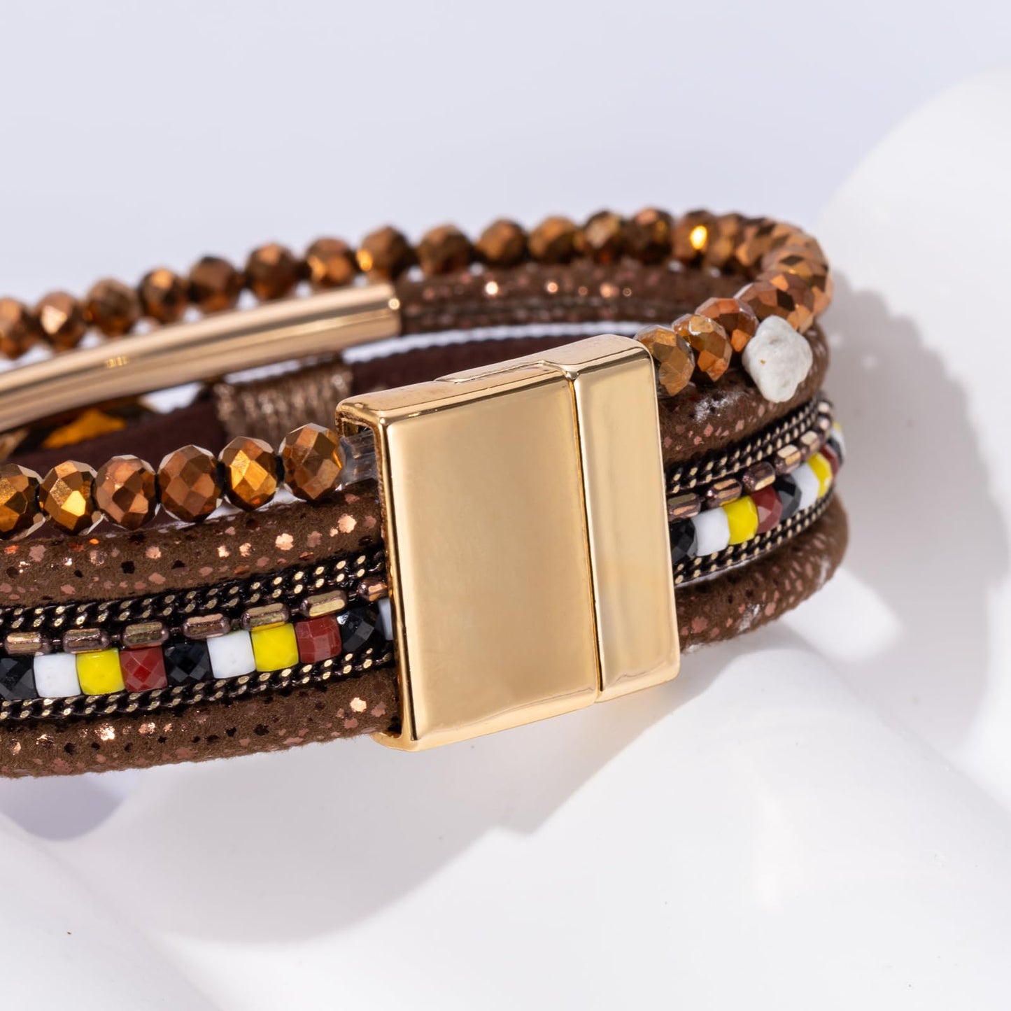 Becklynn Boho Leather Wrap Bracelets Beaded Crystal Stackable Cuff Bracelet with Magnetic Clasp Cowboy Cowgirl County Concert Outfits Western Jewelry Gifts for Women(Crystal Brown)