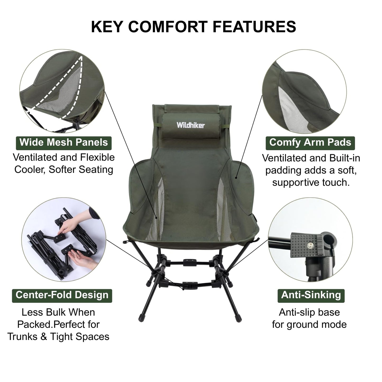 Wildhiker Compact High Back Camping Chair - Foldable with Dual Sitting Modes, Pillow, Arm Pads and Side Pockets - Lightweight Portable Chair for Motorcycle, RV, Festival, Travel - Green