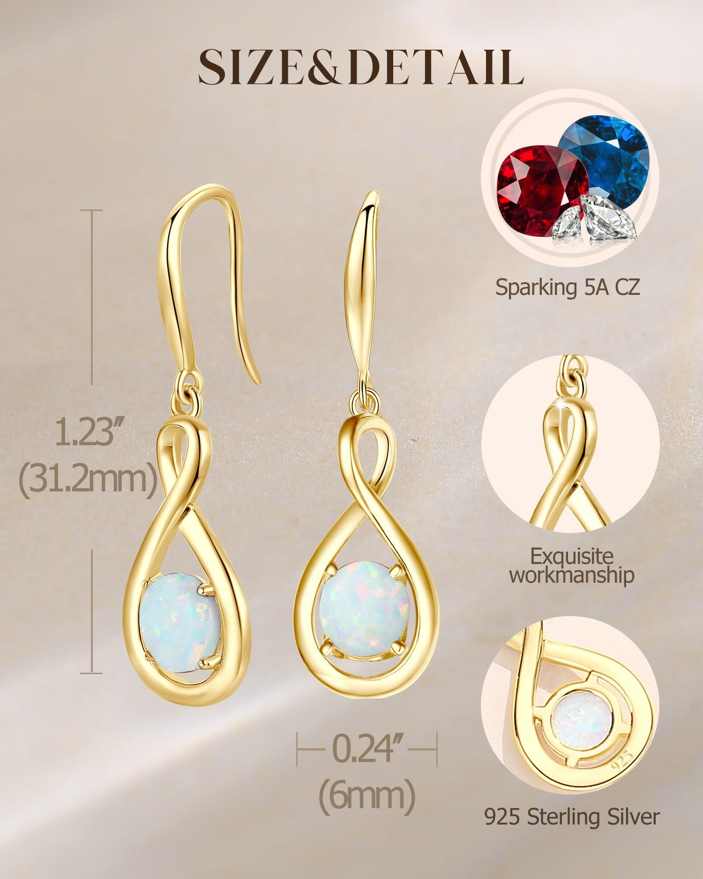 FANCIME White Opal Dangle Drop Earrings 925 Sterling Silver Yellow Gold Plated Dainty Infinity Created Gemstone October Birthstone Earring Fine Jewelry Birthday Mothers Day Gifts for Mom Her Women