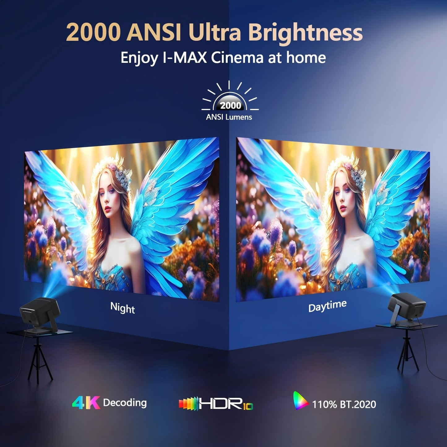 2000 ANSI Lumens 4K Projector with WiFi and Bluetooth, 36W DoIby Audio, AI Auto Focus 360° Stand, Outdoor Projector Compatible with NetfIix Prime Video Youtube