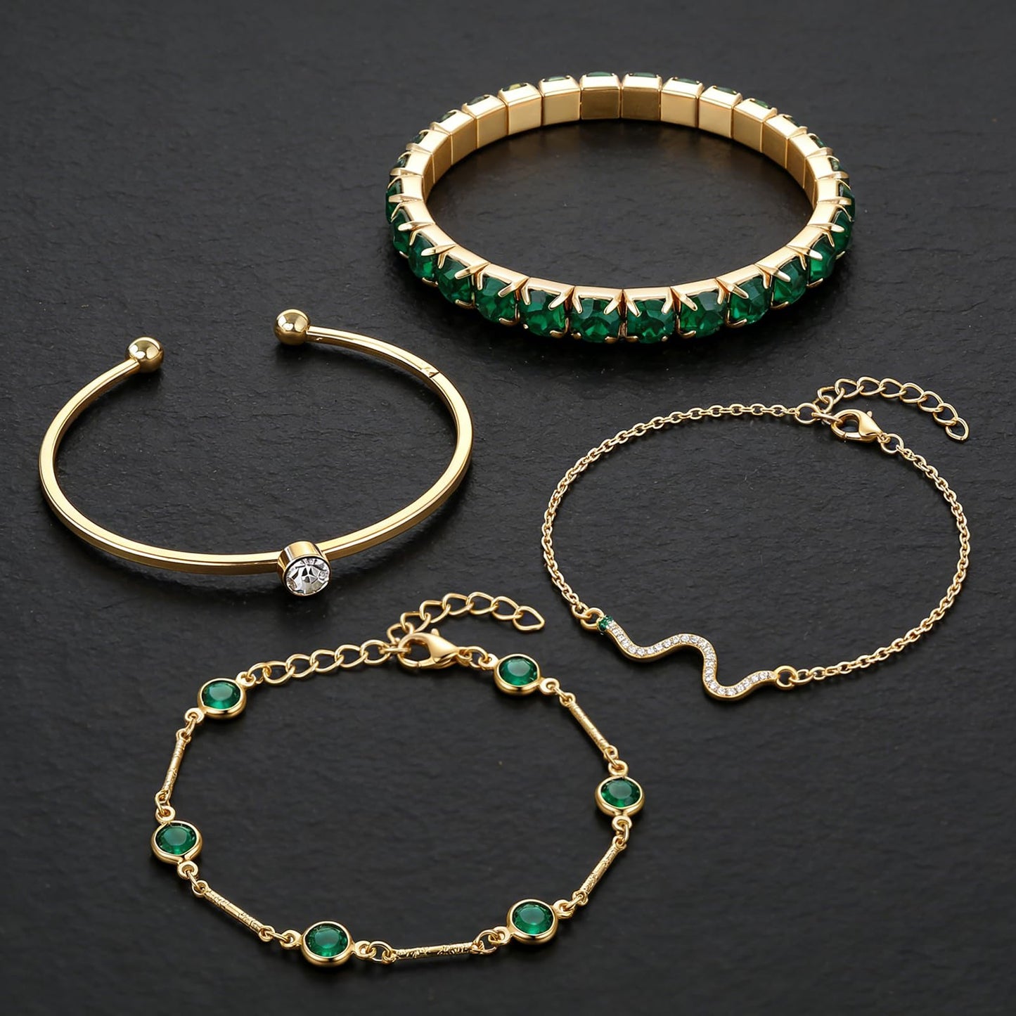 VEINARDYL Gold Birthstone Bracelets for Women, Green Birthstone Layered Jewelry Cuff Gold Plated Bangles, Open Adjustable Bracelets Fashion Accessories Jewelry Set for Mothers Day Gifts