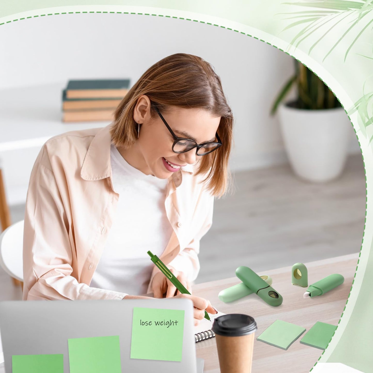 Sayglossy 18 Pcs Aesthetic School Supplies Christmas Green Gifts Set for Women Self Sticky Notes Black Ink Ballpoint Pens Correction Tape for Office Stationery Holiday Cute Desk Accessories