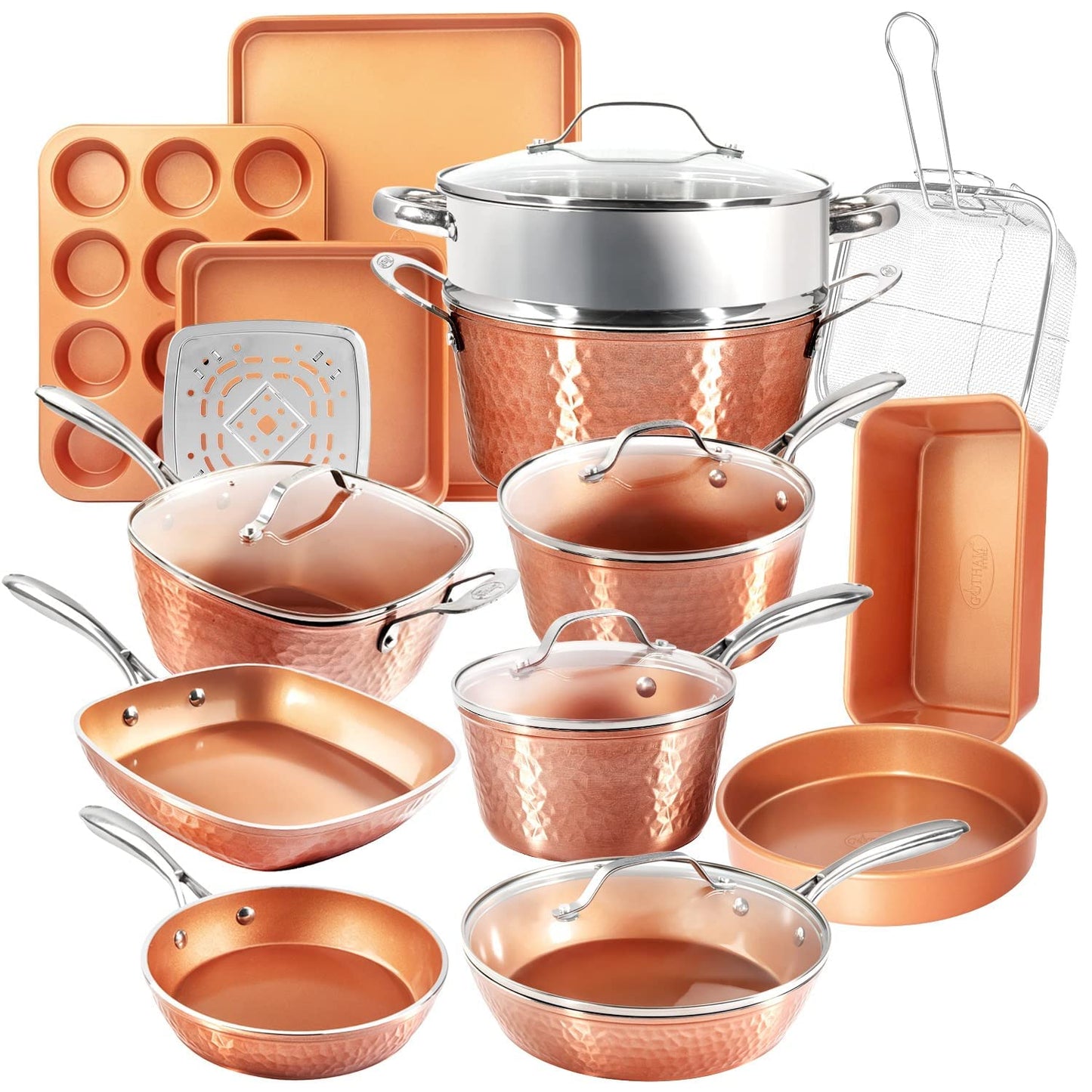 Gotham Steel Hammered Copper Collection – 20 Piece Premium Pots and Pans Set & Air Fryer Basket for Convection Oven, 2 Piece Nonstick Copper Crisper Tray