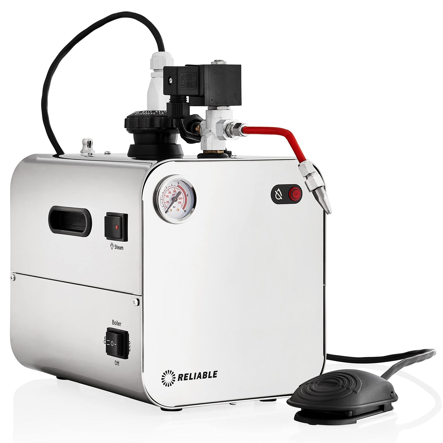 Reliable 5100CJ Stainless-Steel Jewelry Steam Cleaner with Eco Mode, 120V, 2.2 LTR Tank, 50 PSI, Stainless Steel Tank, External Heating Element, 4 Safety System, Pressure Gauge, Made in Italy