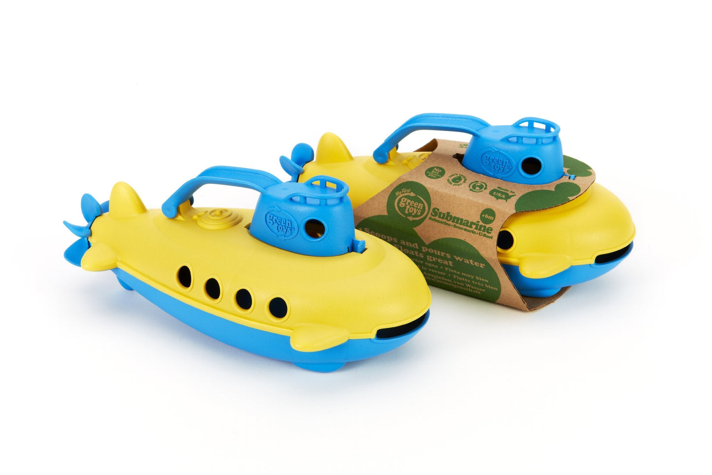Green Toys Submarine, Blue/Yellow - Pretend Play, Motor Skills, Kids Bath Toy Floating Pouring Boat. No BPA, phthalates, PVC. Dishwasher Safe, Recycled Plastic.